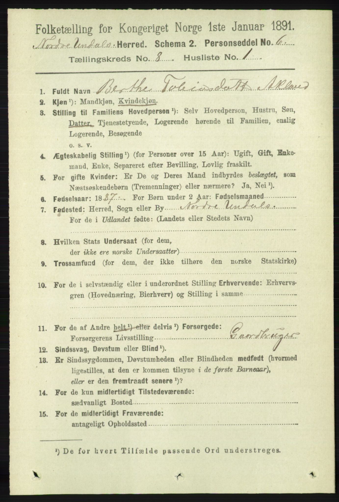 RA, 1891 census for 1028 Nord-Audnedal, 1891, p. 2133