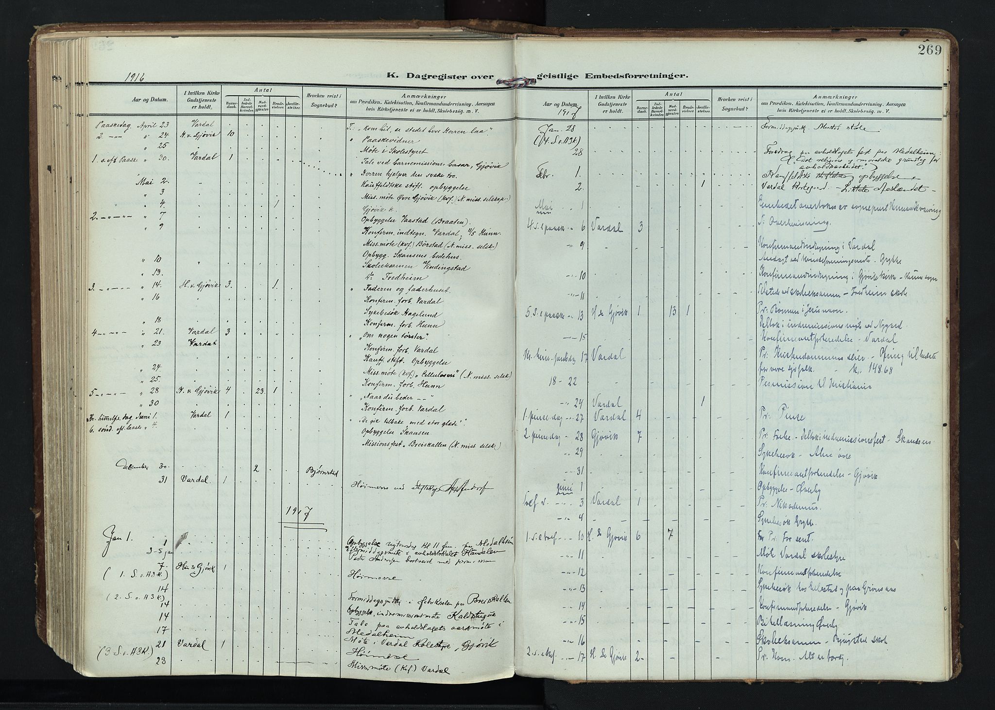 Vardal prestekontor, SAH/PREST-100/H/Ha/Haa/L0020: Parish register (official) no. 20, 1907-1921, p. 269