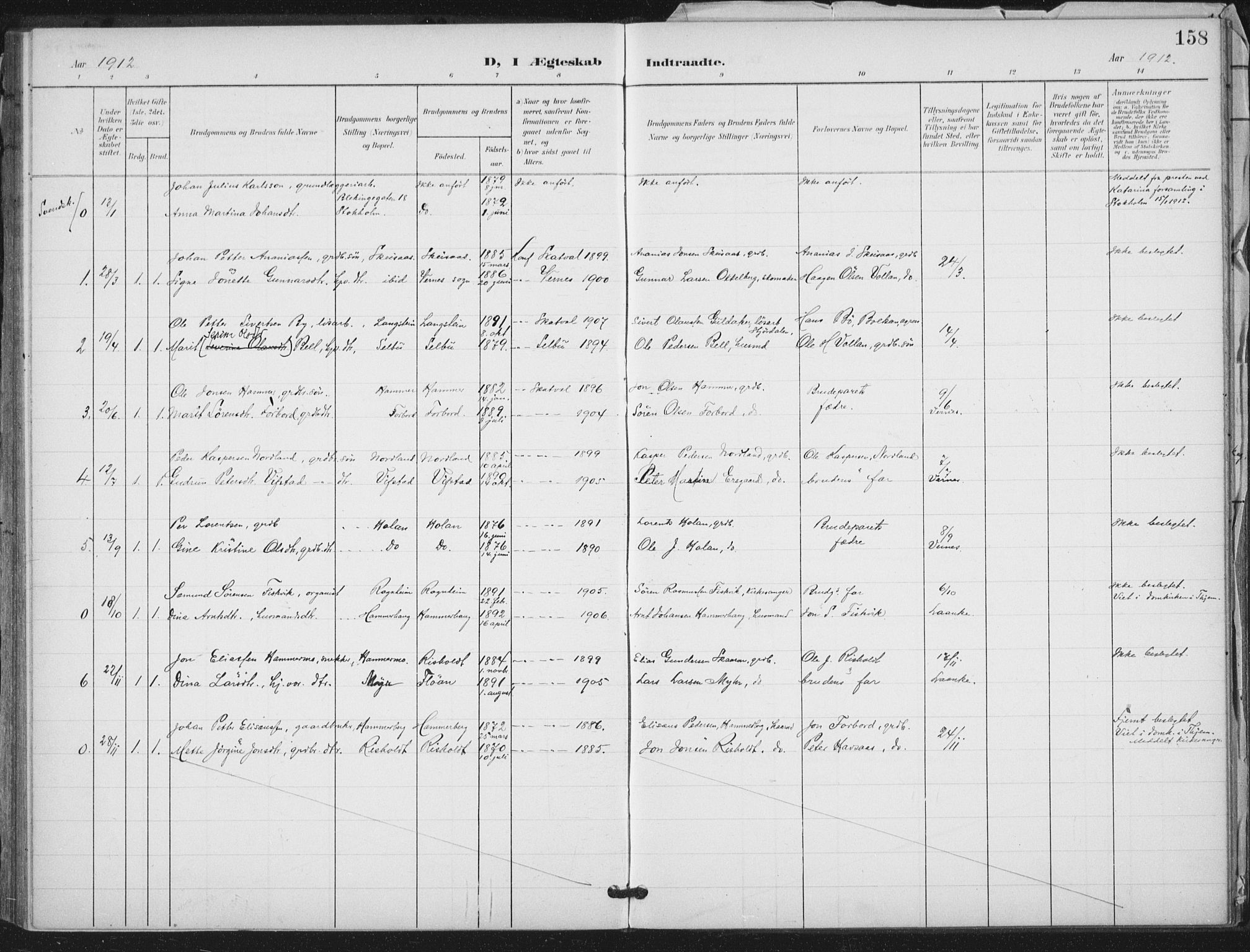 Ministerialprotokoller, klokkerbøker og fødselsregistre - Nord-Trøndelag, SAT/A-1458/712/L0101: Parish register (official) no. 712A02, 1901-1916, p. 158