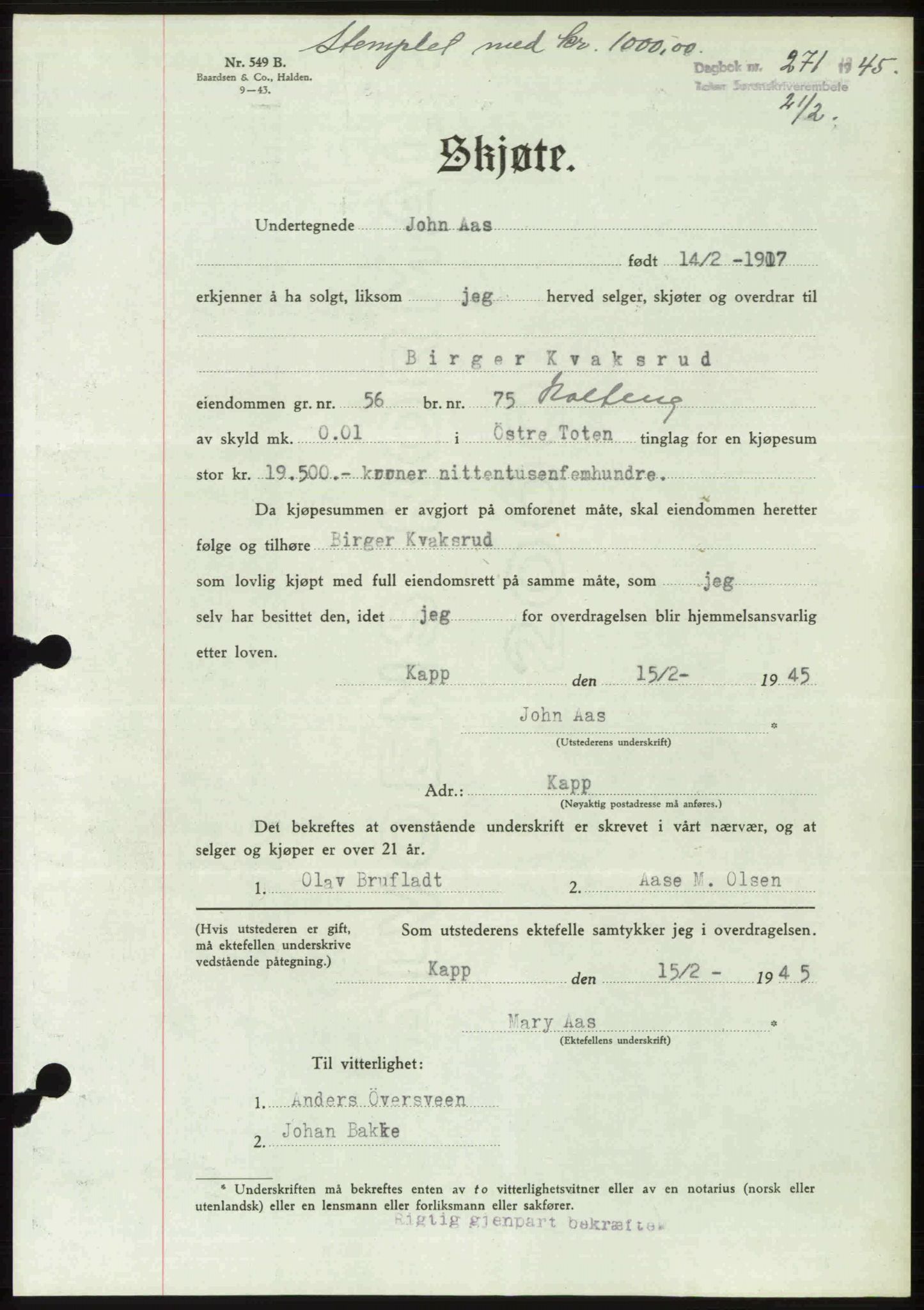 Toten tingrett, SAH/TING-006/H/Hb/Hbc/L0013: Mortgage book no. Hbc-13, 1945-1945, Diary no: : 271/1945