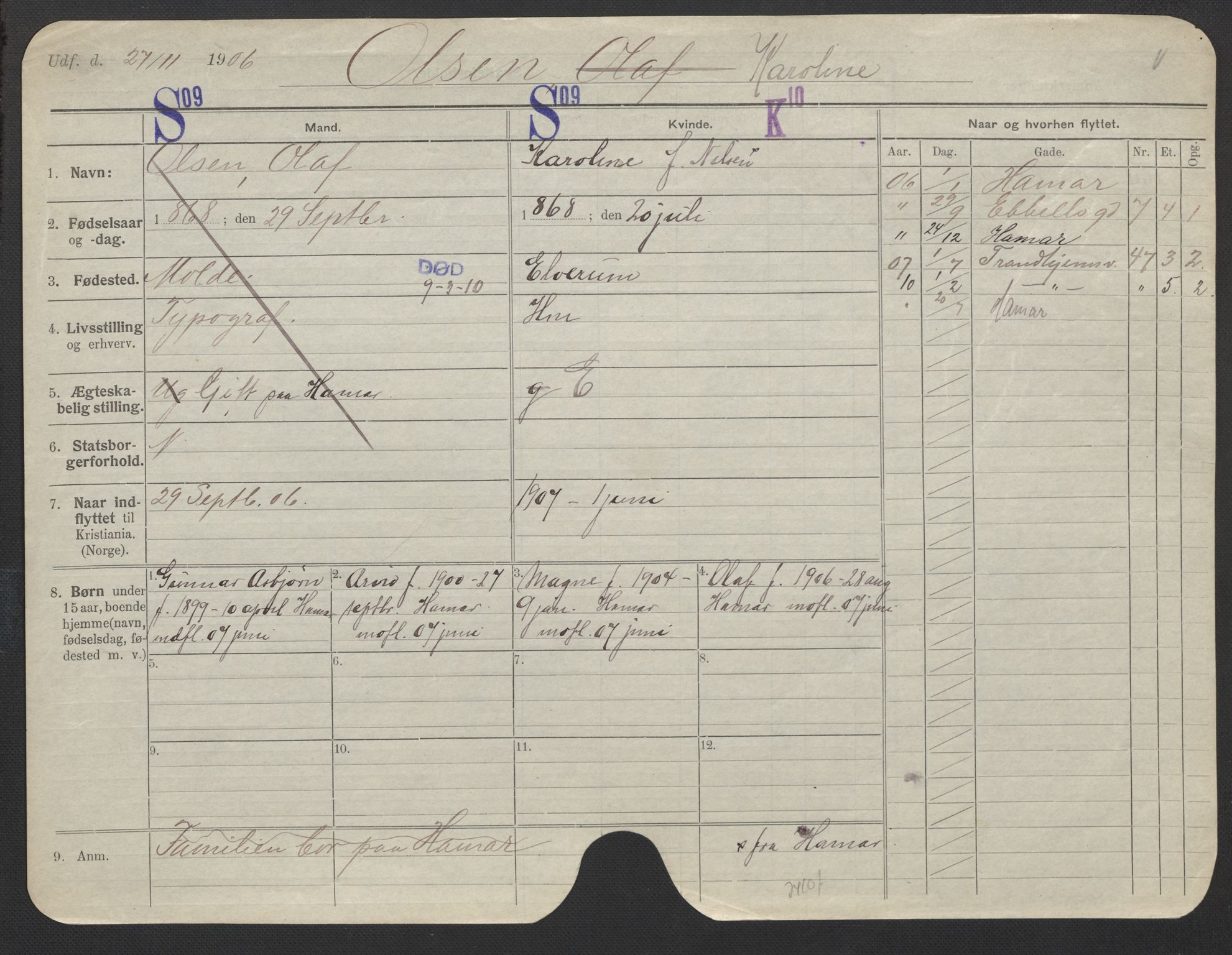 Oslo folkeregister, Registerkort, SAO/A-11715/F/Fa/Fac/L0022: Kvinner, 1906-1914, p. 29a