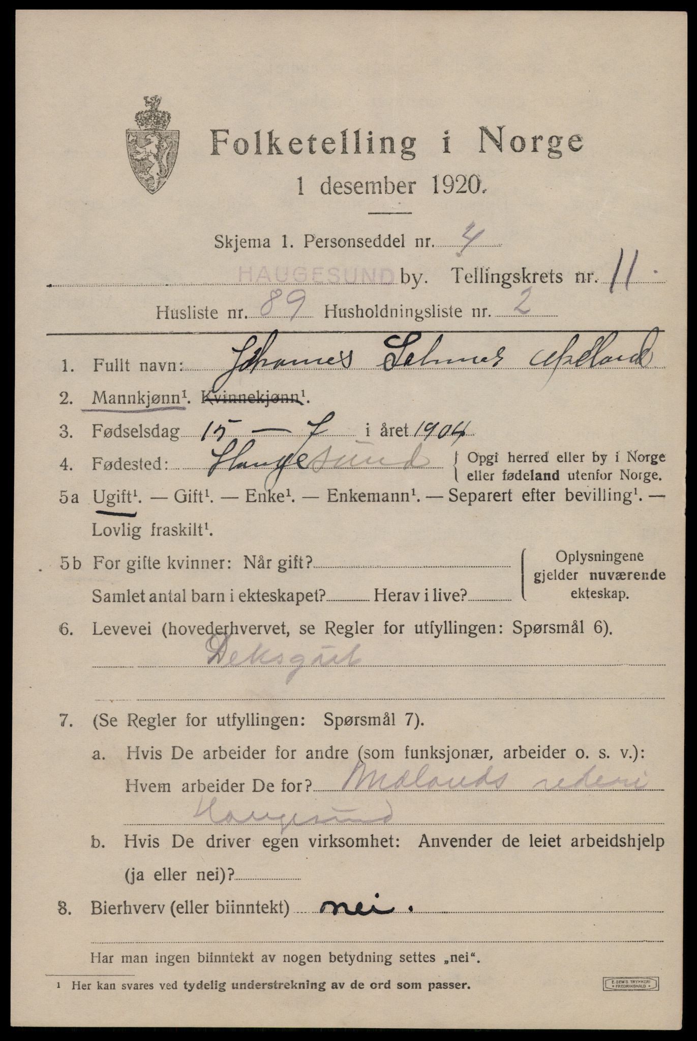 SAST, 1920 census for Haugesund, 1920, p. 37783