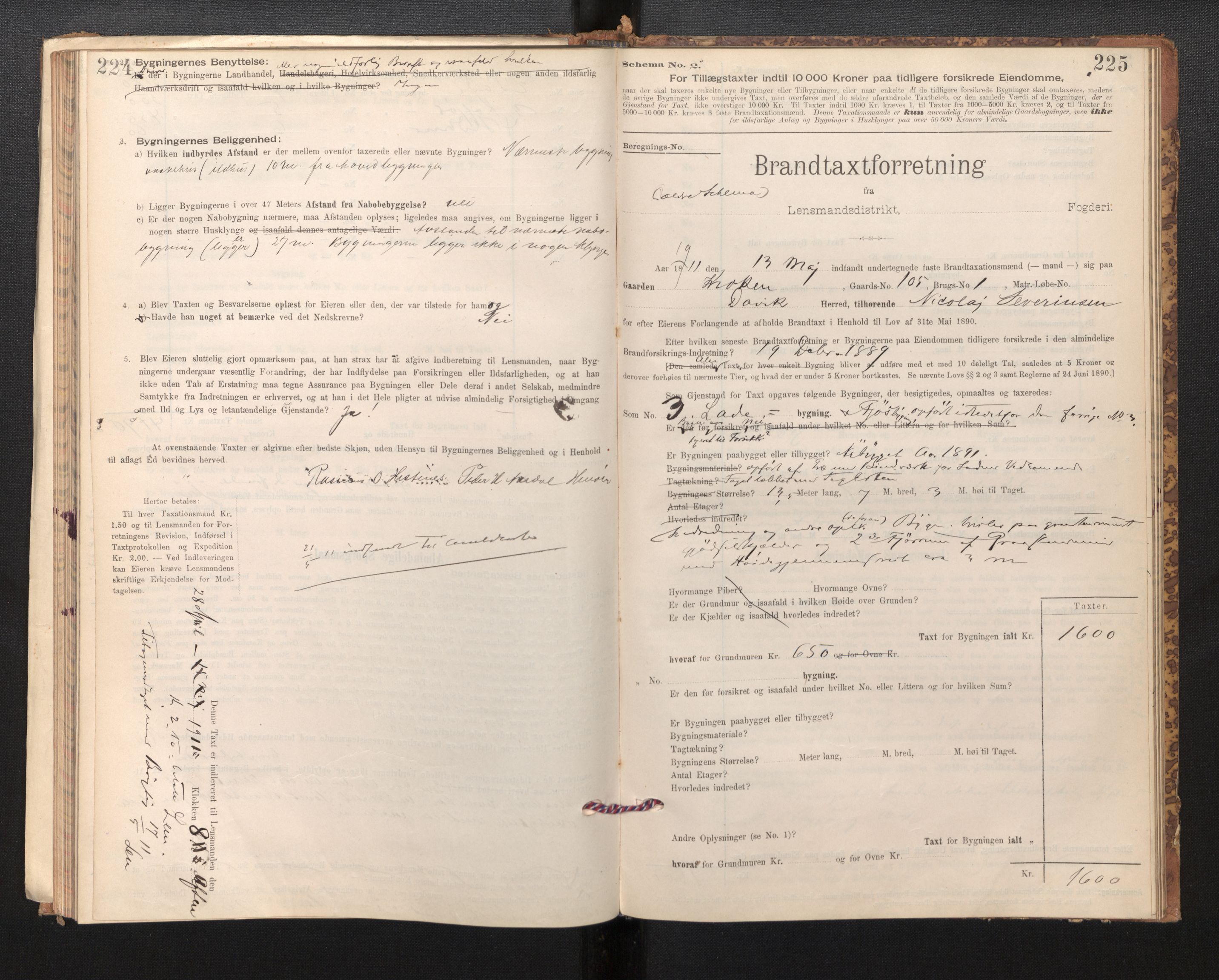 Lensmannen i Davik, AV/SAB-A-26801/0012/L0004: Branntakstprotokoll, skjematakst, 1894-1915, p. 224-225