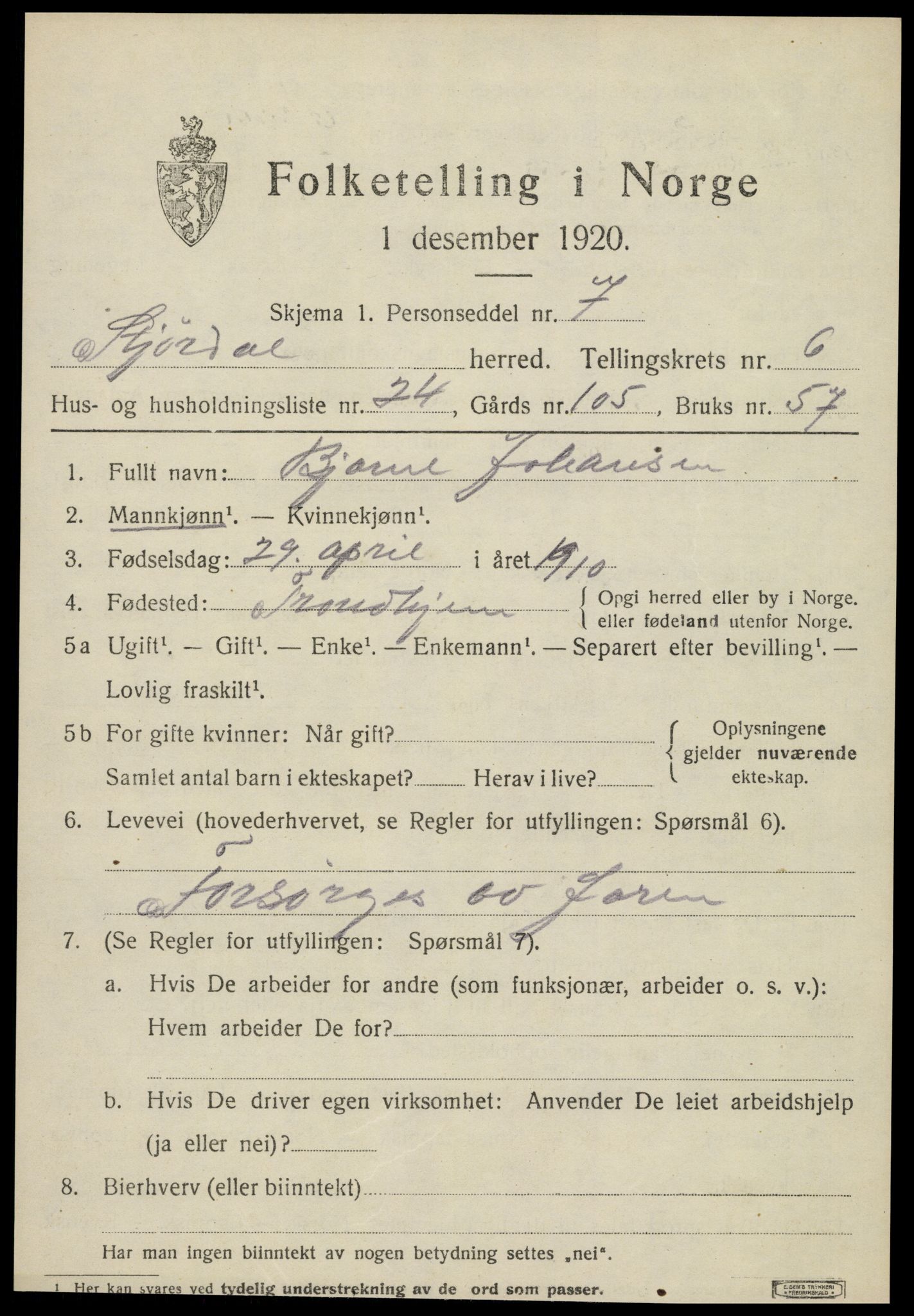 SAT, 1920 census for Stjørdal, 1920, p. 6912