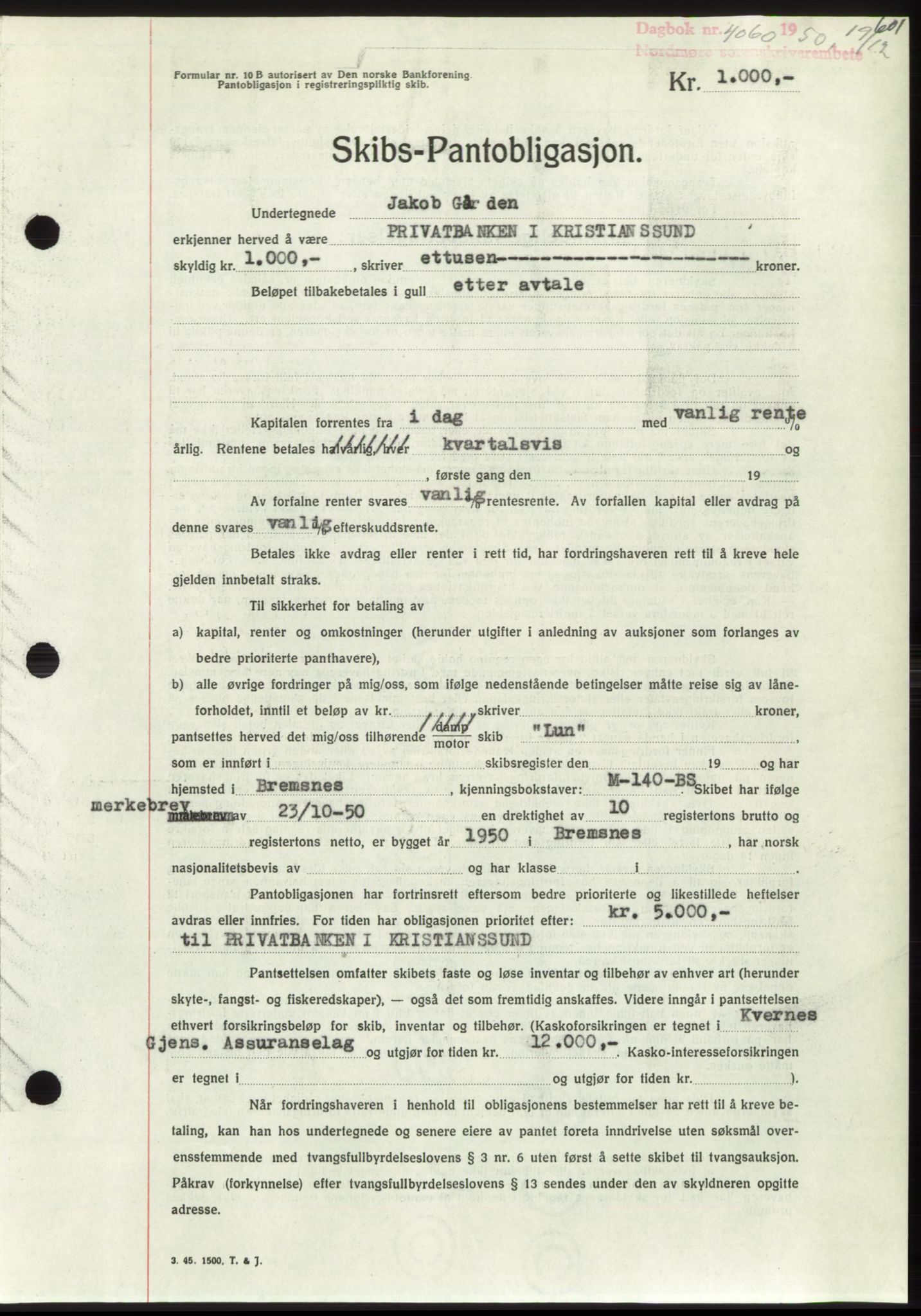 Nordmøre sorenskriveri, AV/SAT-A-4132/1/2/2Ca: Mortgage book no. B106, 1950-1950, Diary no: : 4060/1950