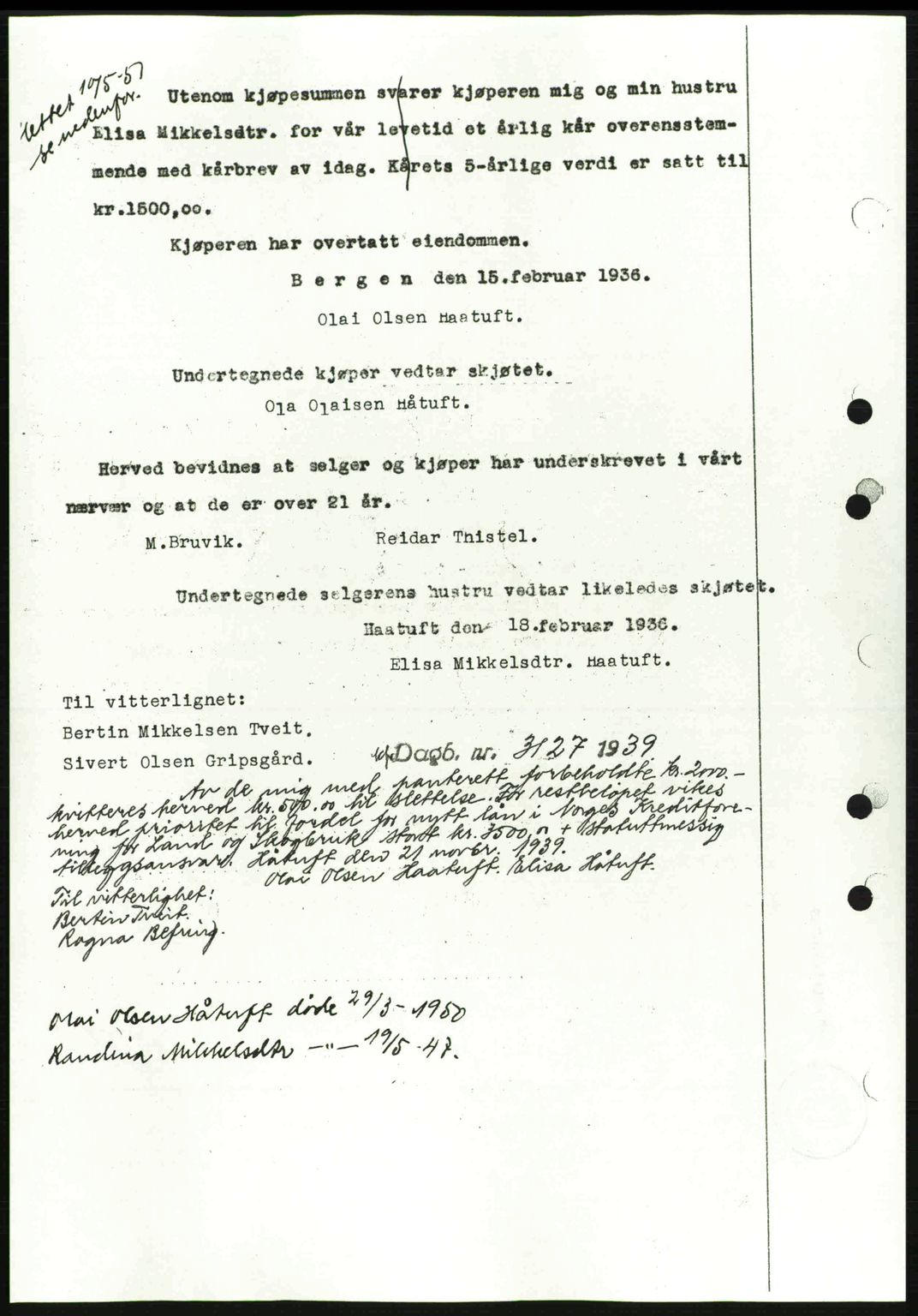 Nordhordland sorenskrivar, SAB/A-2901/1/G/Gb/Gbf/L0010: Mortgage book no. A10, 1939-1940, Diary no: : 564/1936