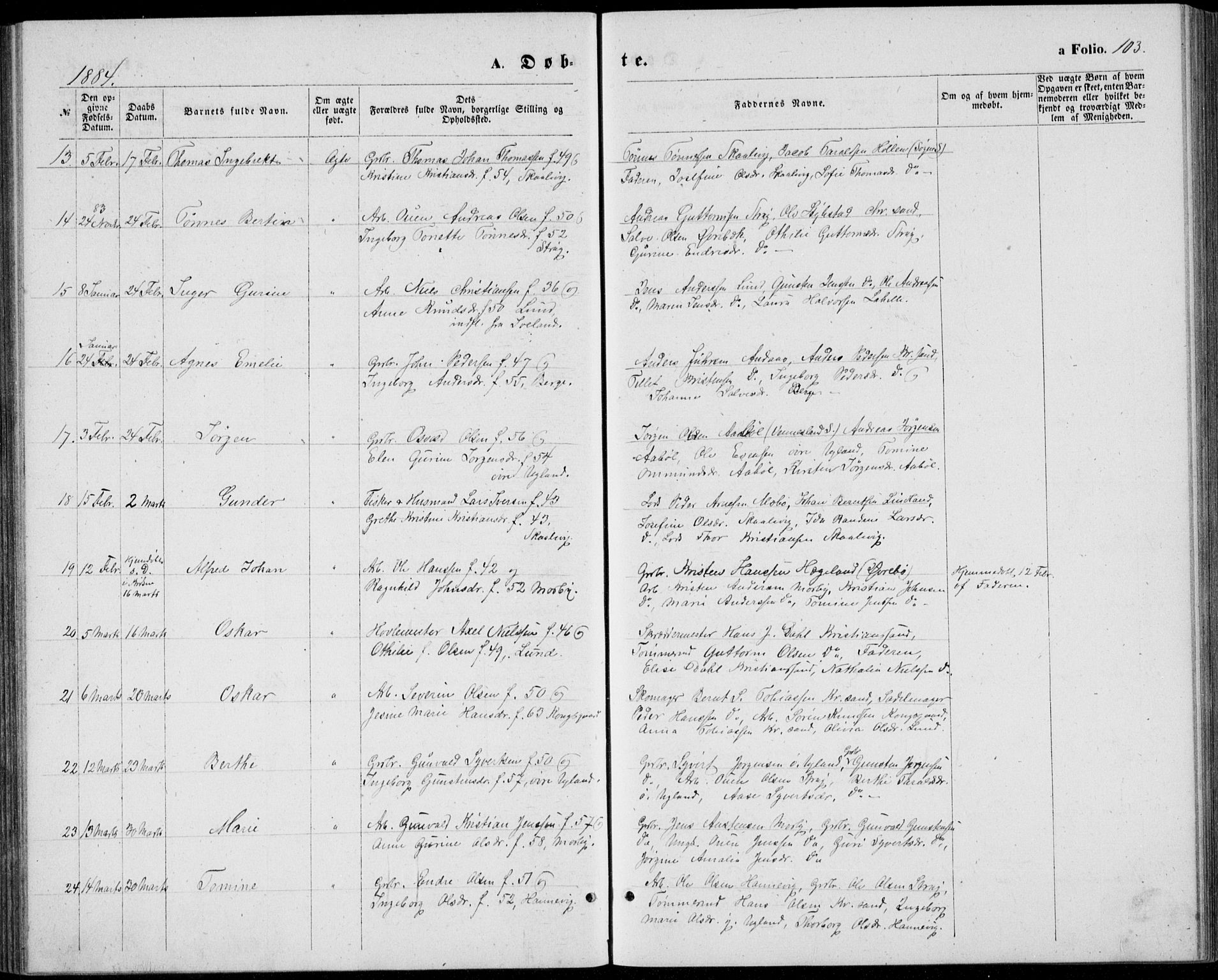 Oddernes sokneprestkontor, AV/SAK-1111-0033/F/Fb/Fba/L0007: Parish register (copy) no. B 7, 1869-1887, p. 103