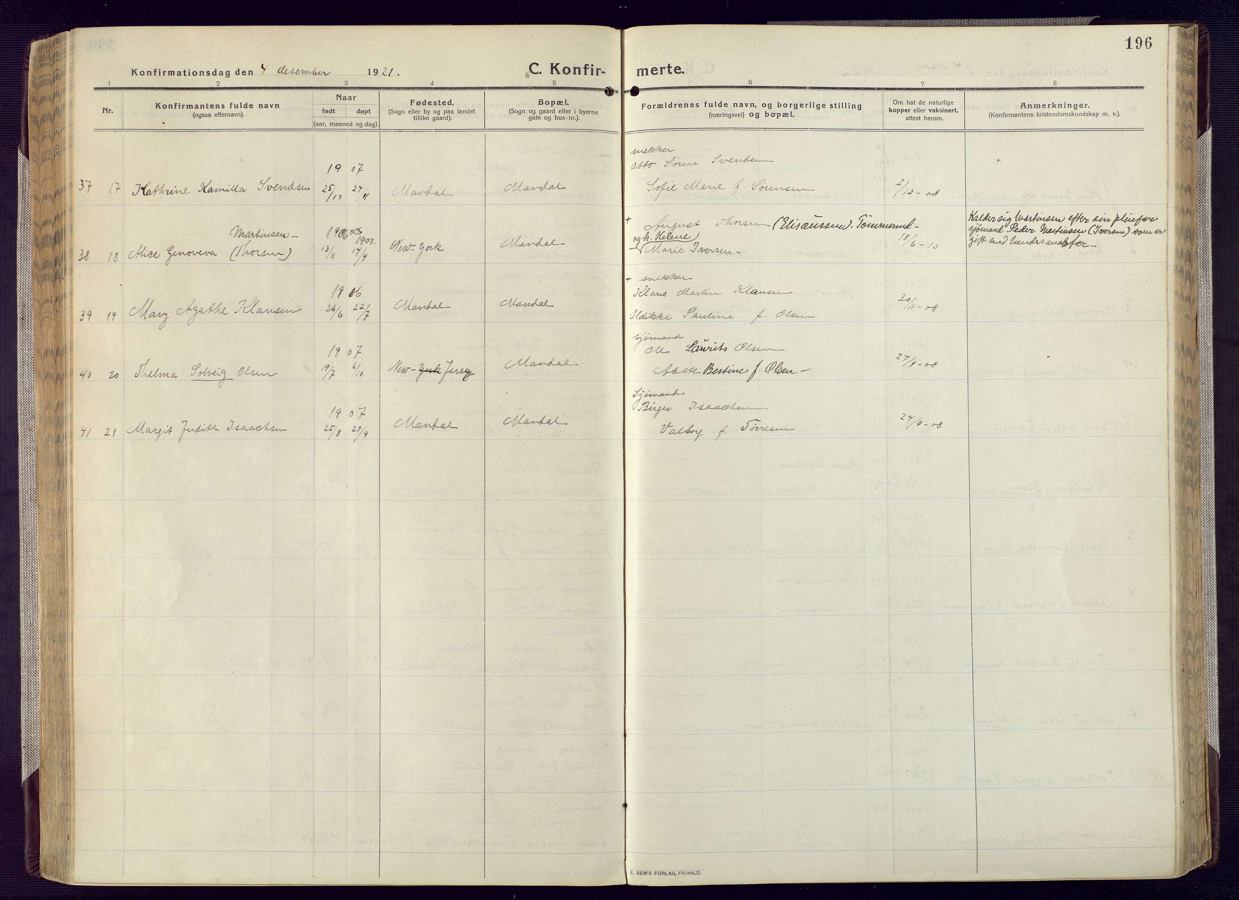 Mandal sokneprestkontor, AV/SAK-1111-0030/F/Fa/Fac/L0001: Parish register (official) no. A 1, 1913-1925, p. 196