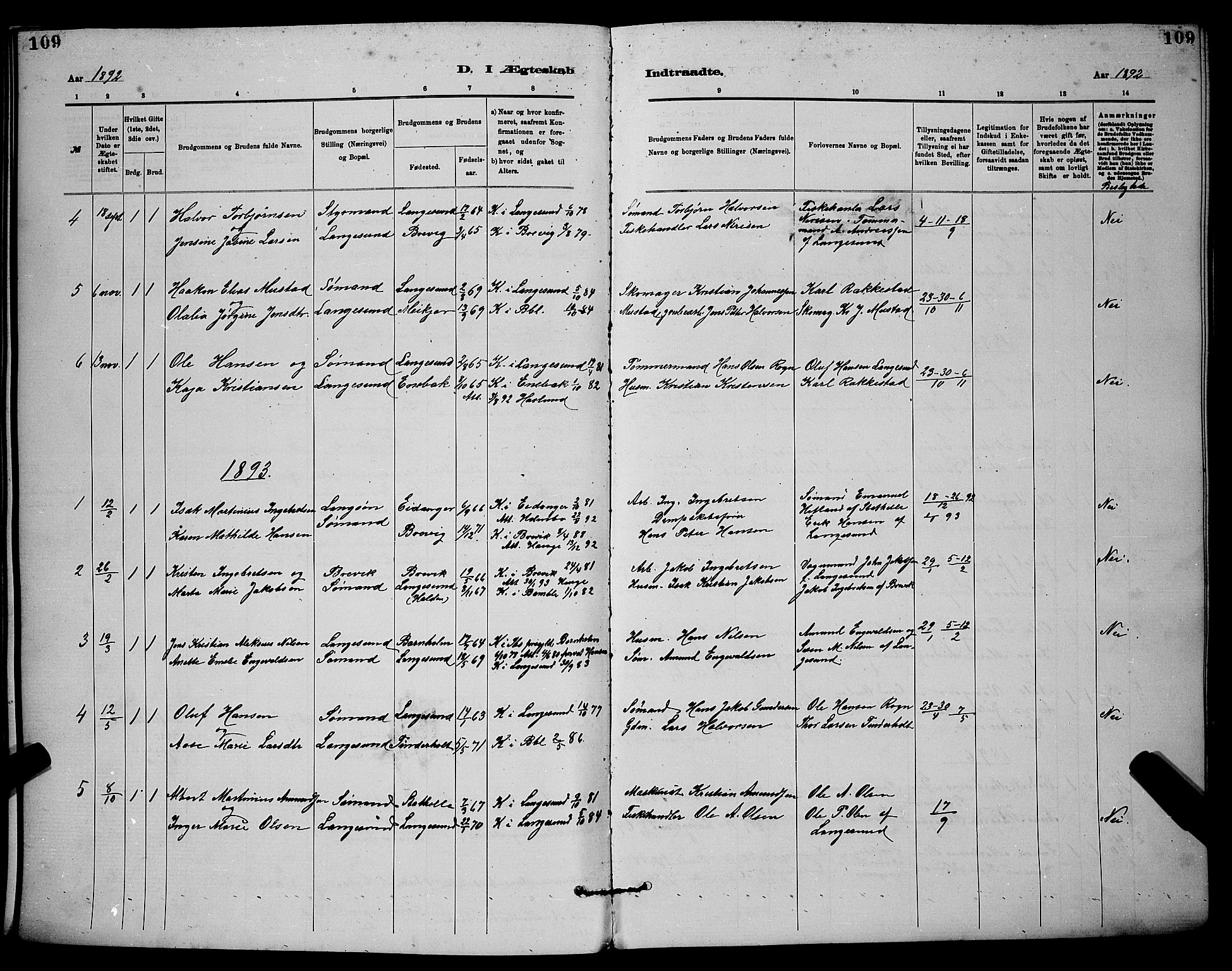 Langesund kirkebøker, AV/SAKO-A-280/G/Ga/L0005: Parish register (copy) no. 5, 1884-1898, p. 109