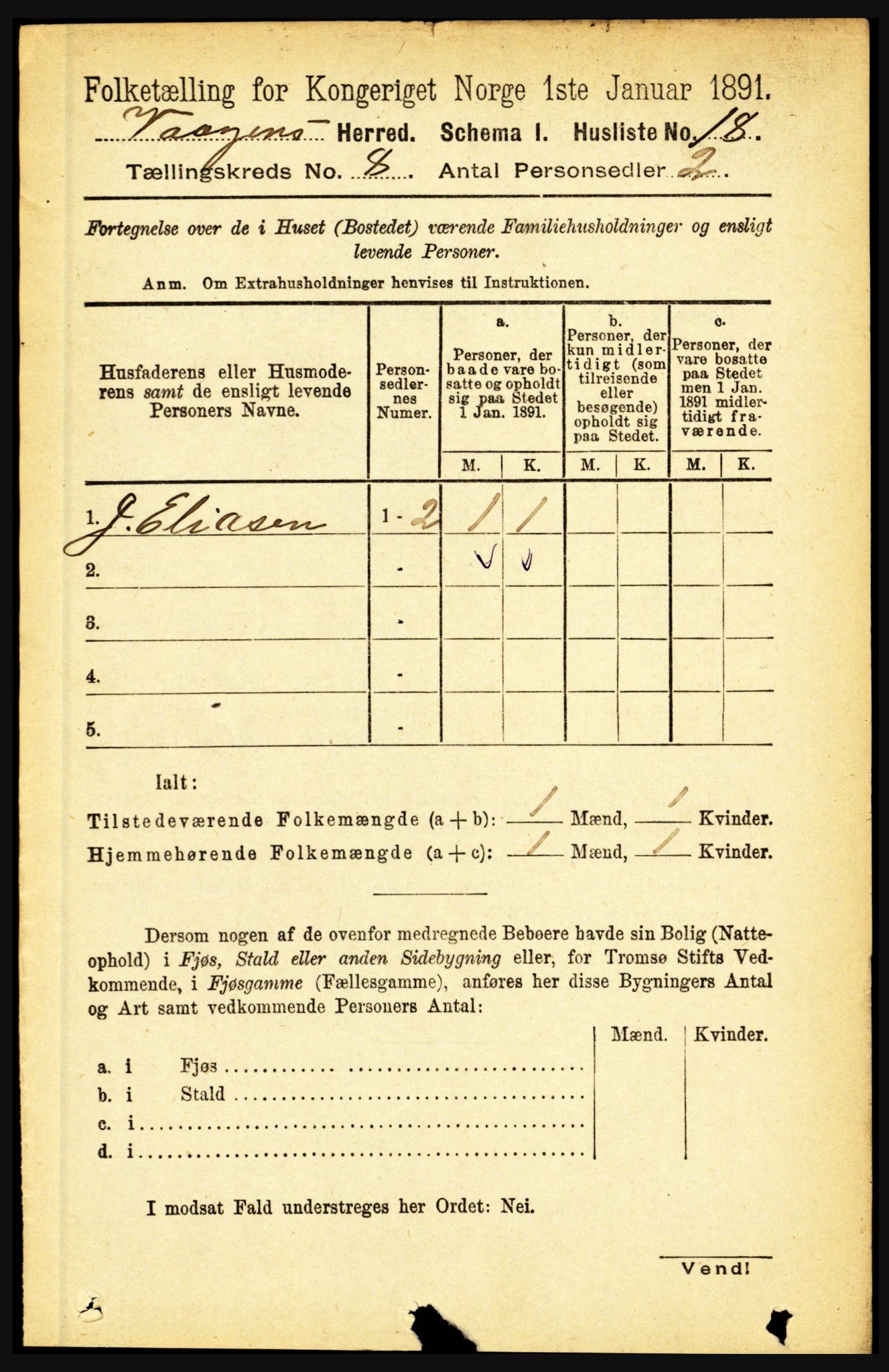 RA, 1891 census for 1865 Vågan, 1891, p. 2091