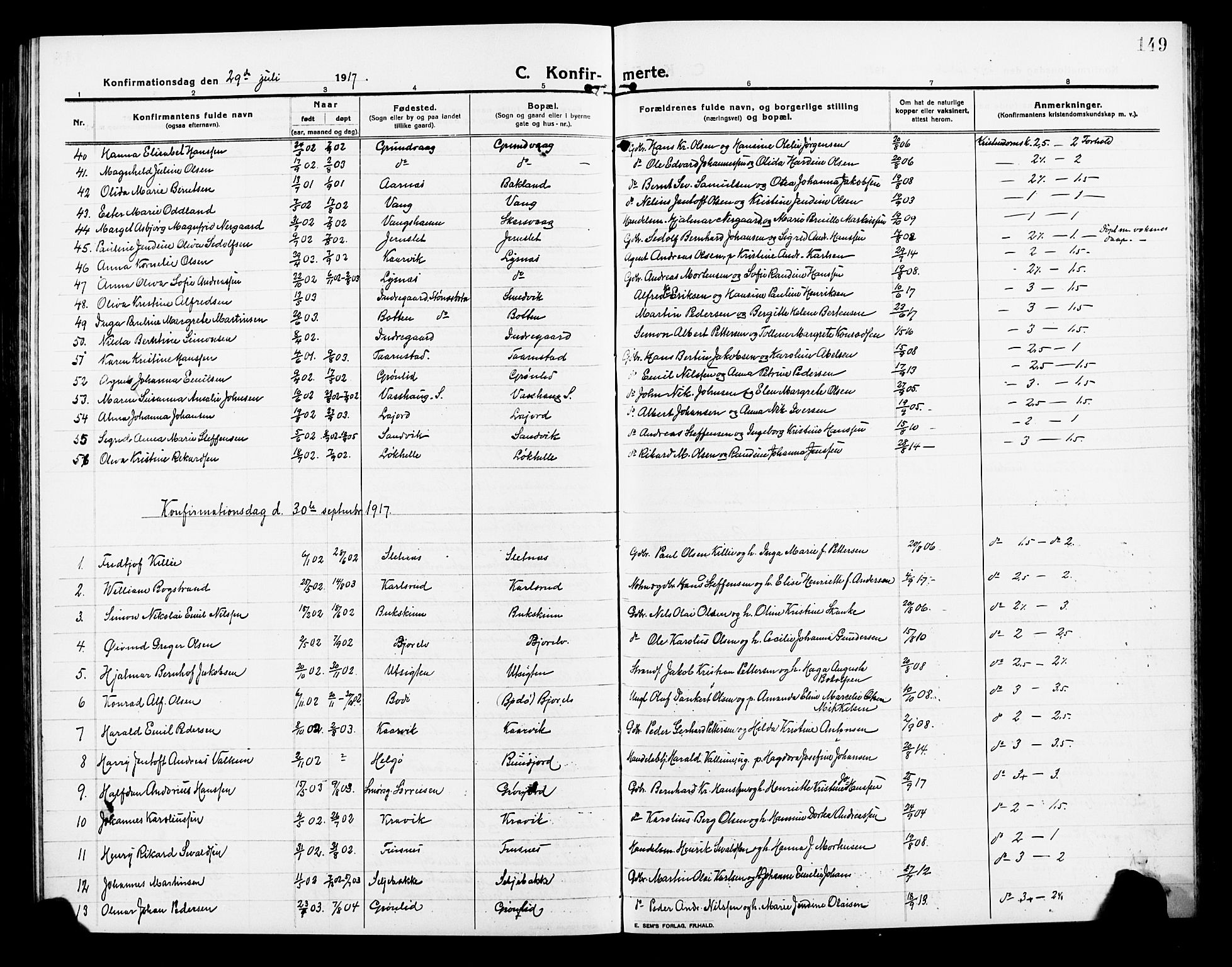 Lenvik sokneprestembete, AV/SATØ-S-1310/H/Ha/Hab/L0009klokker: Parish register (copy) no. 9, 1912-1926, p. 149