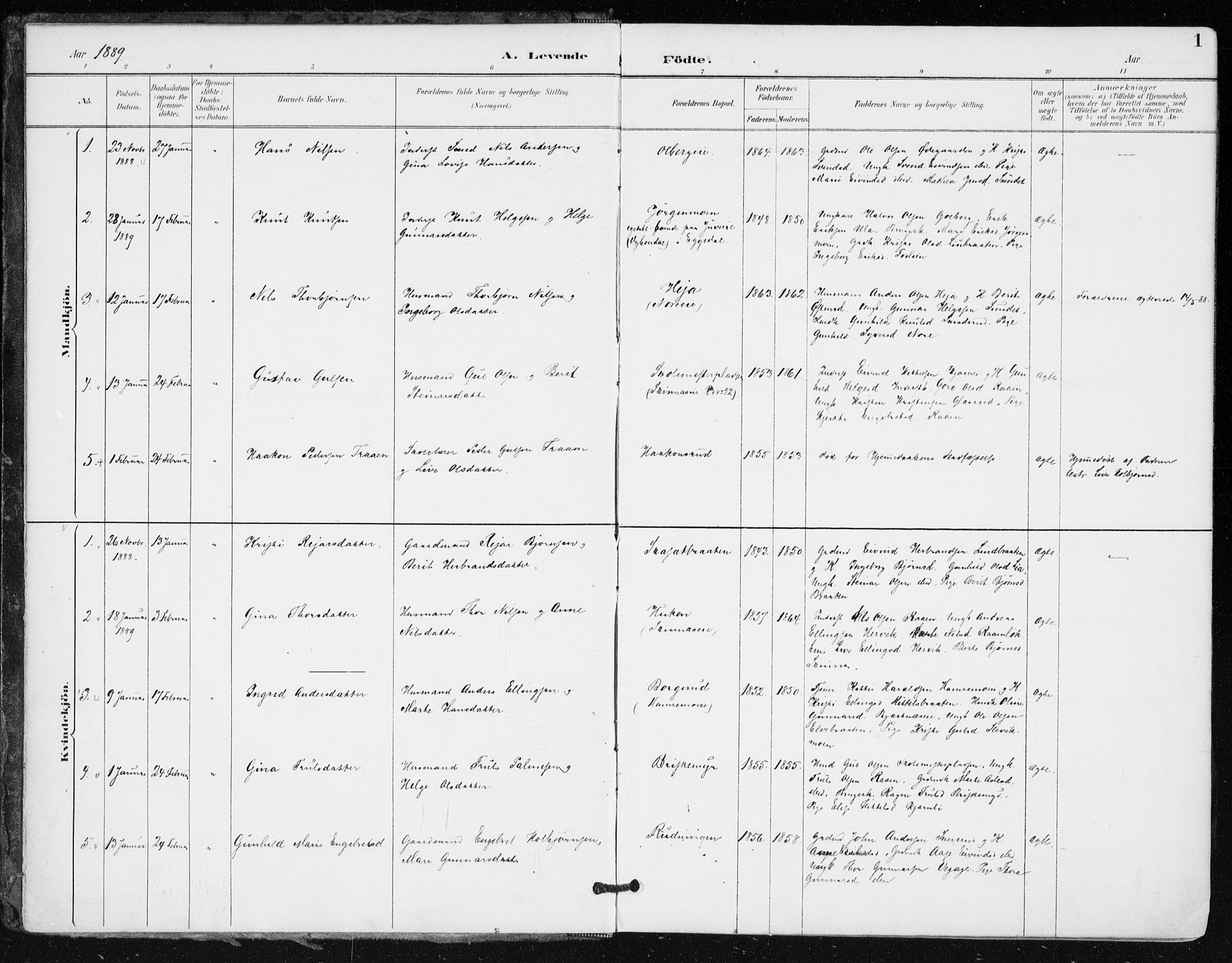 Krødsherad kirkebøker, SAKO/A-19/F/Fa/L0006: Parish register (official) no. 6, 1889-1899, p. 1