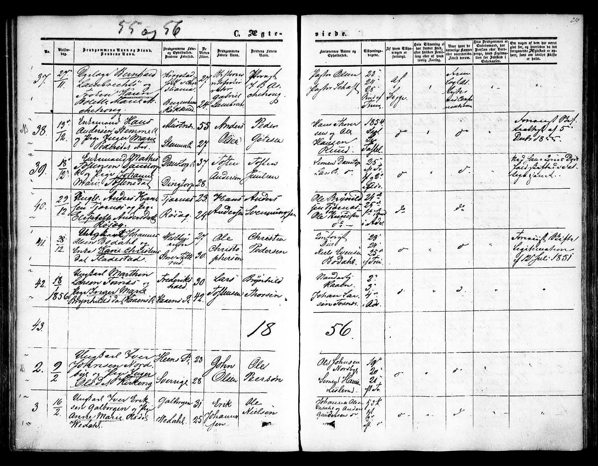 Rakkestad prestekontor Kirkebøker, AV/SAO-A-2008/F/Fa/L0009: Parish register (official) no. I 9, 1850-1856, p. 219