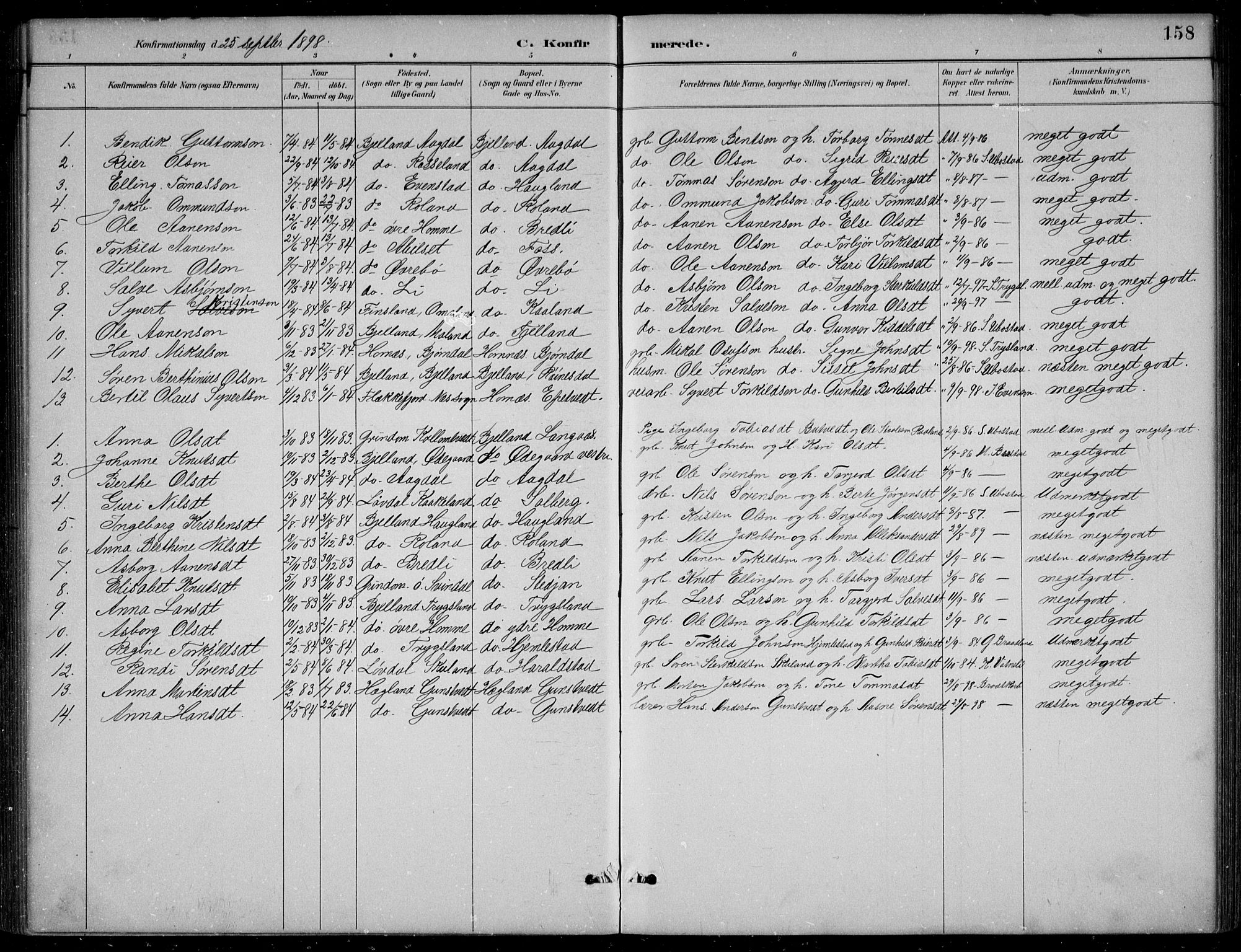 Bjelland sokneprestkontor, SAK/1111-0005/F/Fb/Fba/L0005: Parish register (copy) no. B 5, 1887-1923, p. 158
