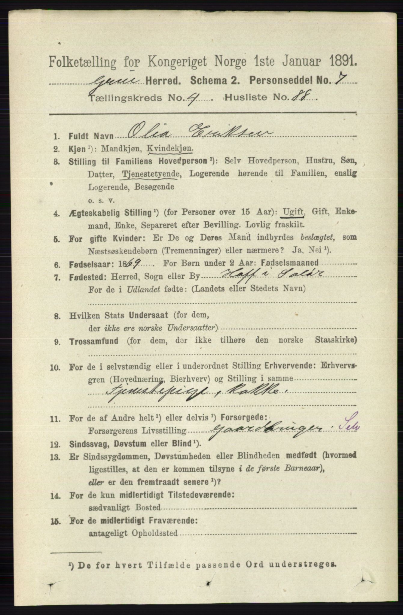 RA, 1891 census for 0423 Grue, 1891, p. 2598