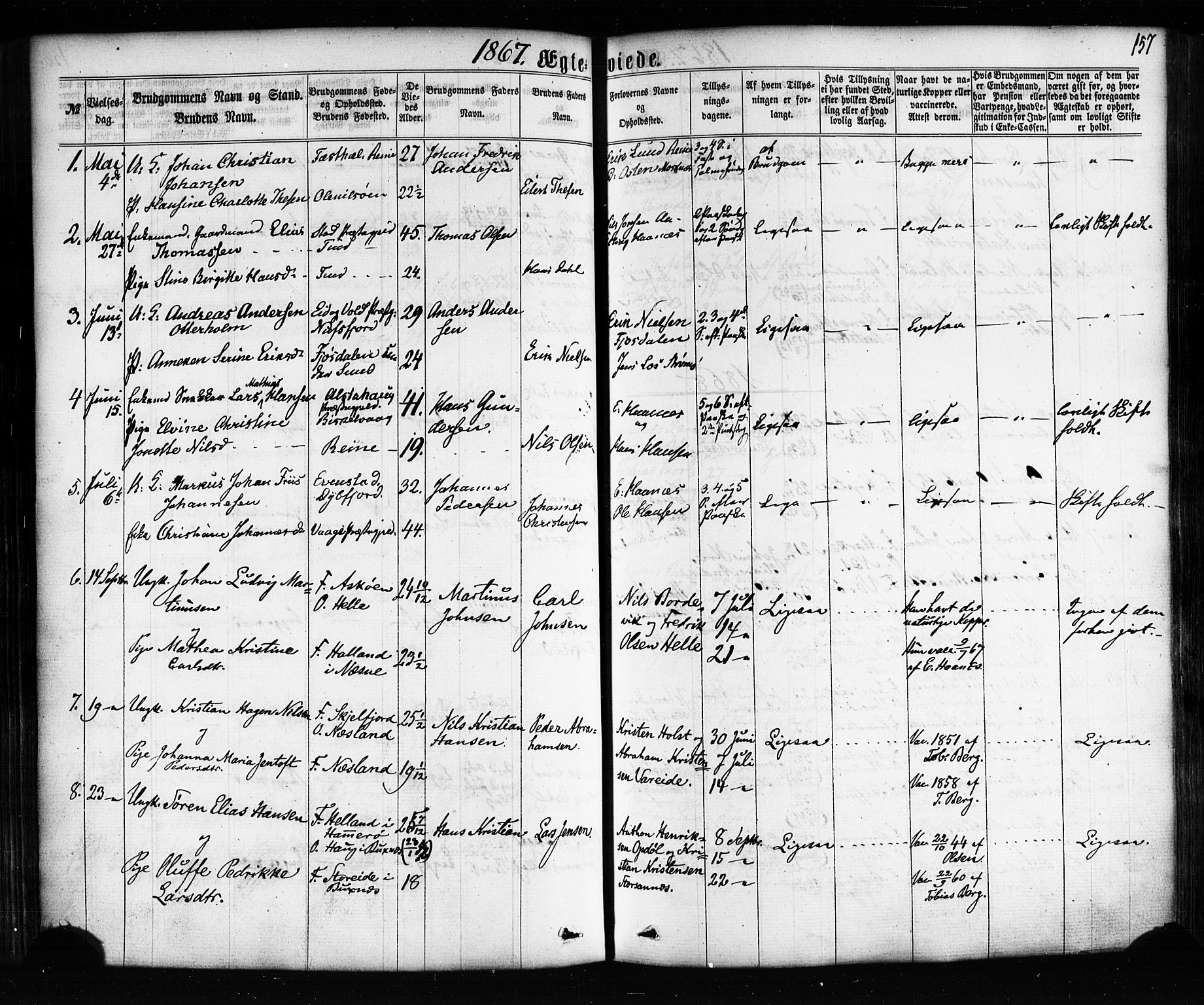 Ministerialprotokoller, klokkerbøker og fødselsregistre - Nordland, AV/SAT-A-1459/885/L1203: Parish register (official) no. 885A04, 1859-1877, p. 157