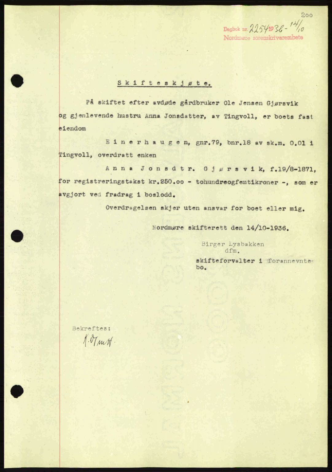 Nordmøre sorenskriveri, AV/SAT-A-4132/1/2/2Ca: Mortgage book no. A80, 1936-1937, Diary no: : 2254/1936