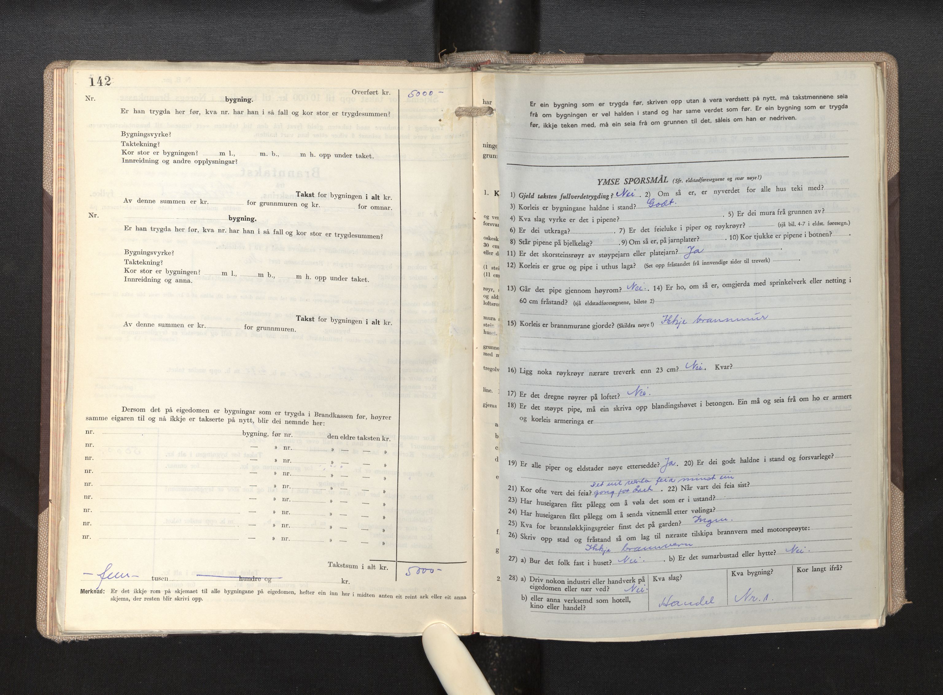 Lensmannen i Fjell, AV/SAB-A-32301/0012/L0007: Branntakstprotokoll, skjematakst, 1946-1955, p. 142-143