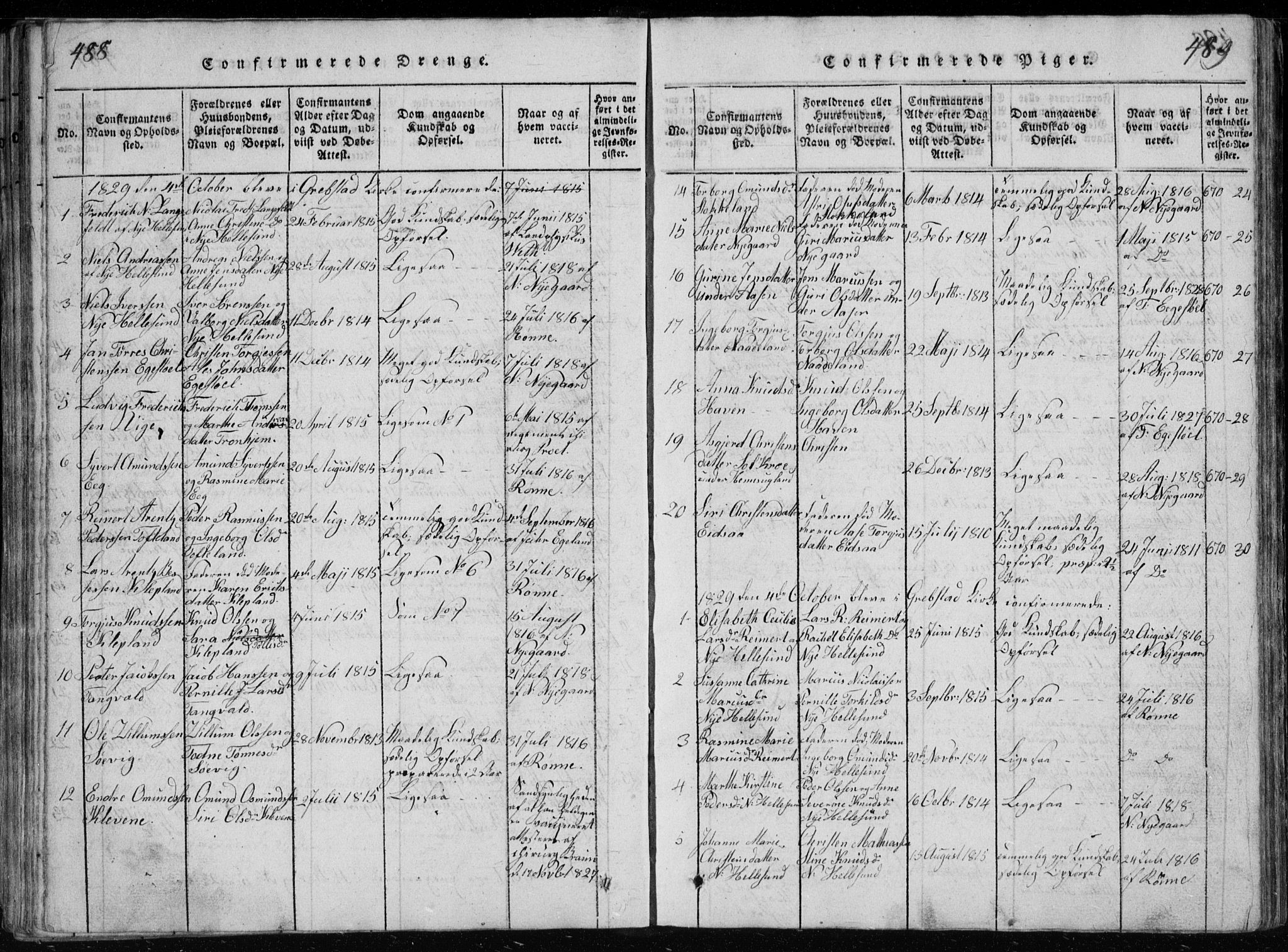 Søgne sokneprestkontor, SAK/1111-0037/F/Fb/Fbb/L0002: Parish register (copy) no. B 2, 1821-1838, p. 488-489