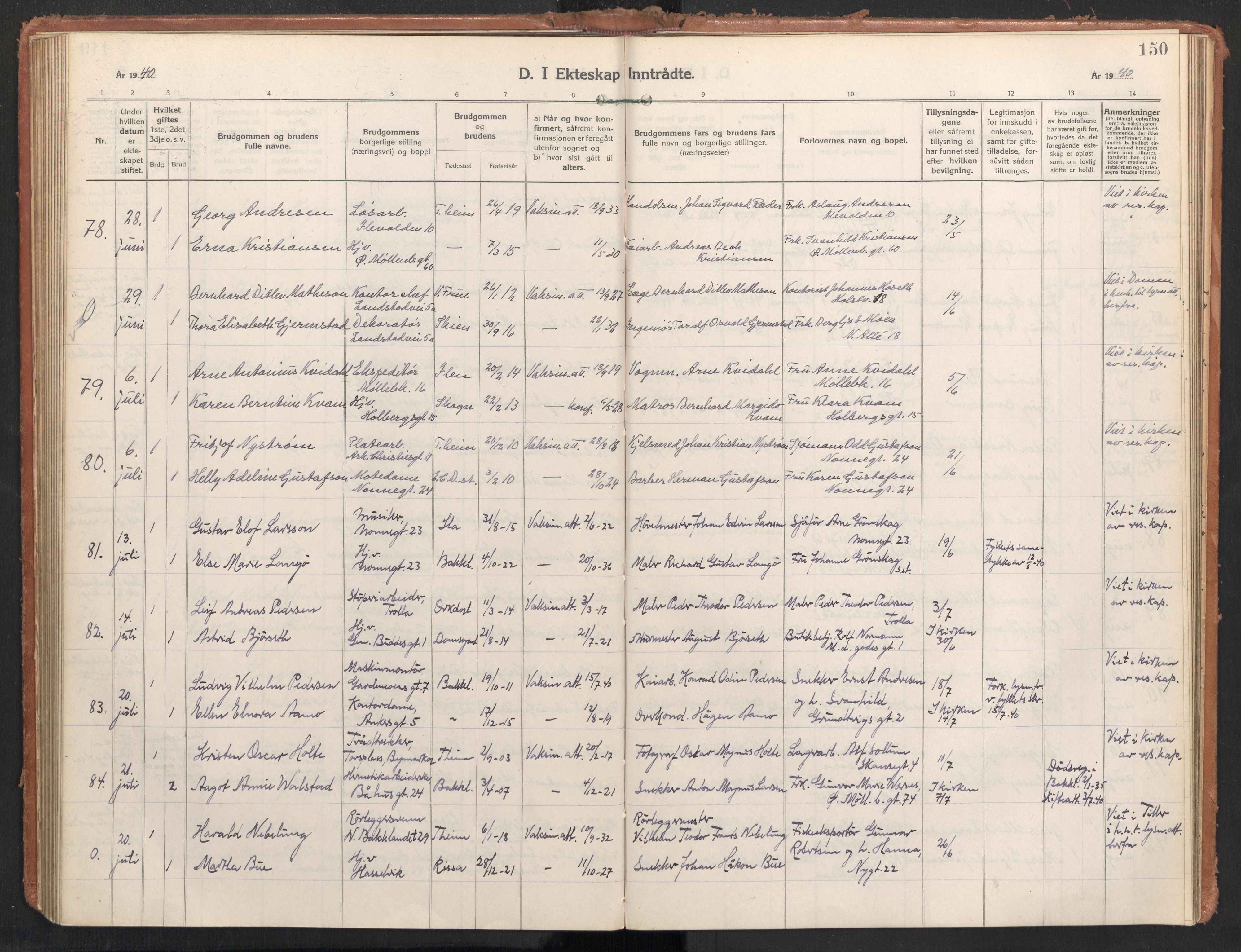 Ministerialprotokoller, klokkerbøker og fødselsregistre - Sør-Trøndelag, AV/SAT-A-1456/604/L0209: Parish register (official) no. 604A29, 1931-1945, p. 150