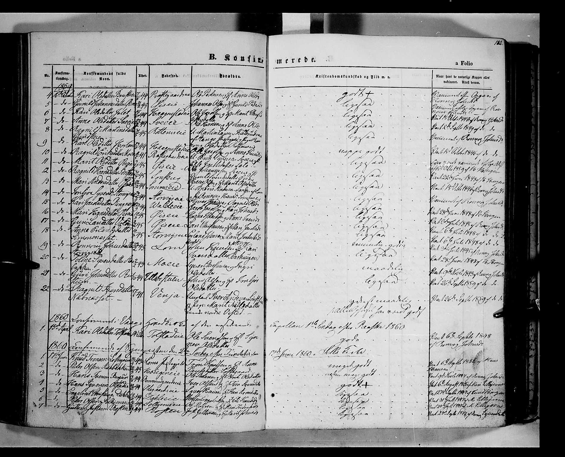 Vågå prestekontor, SAH/PREST-076/H/Ha/Haa/L0006: Parish register (official) no. 6 /1, 1856-1872, p. 182