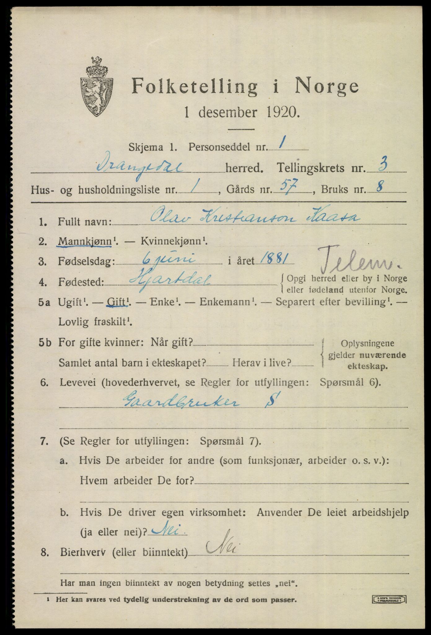 SAKO, 1920 census for Drangedal, 1920, p. 2569