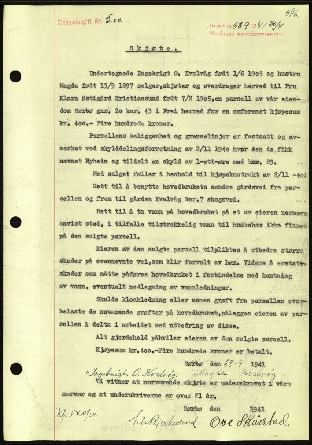 Nordmøre sorenskriveri, SAT/A-4132/1/2/2Ca: Mortgage book no. A89, 1940-1941, Diary no: : 689/1941