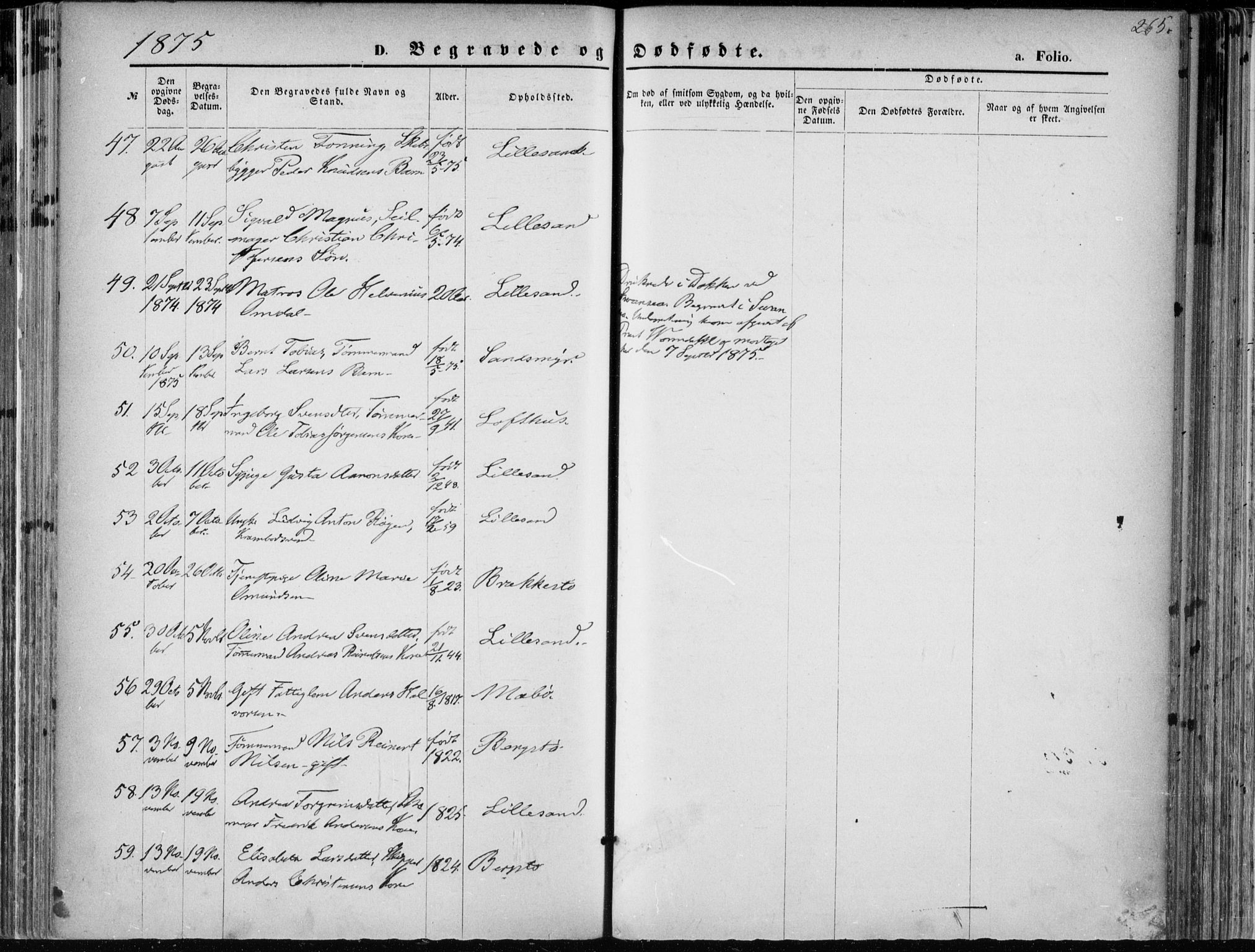 Vestre Moland sokneprestkontor, AV/SAK-1111-0046/F/Fa/Fab/L0008: Parish register (official) no. A 8, 1873-1883, p. 265