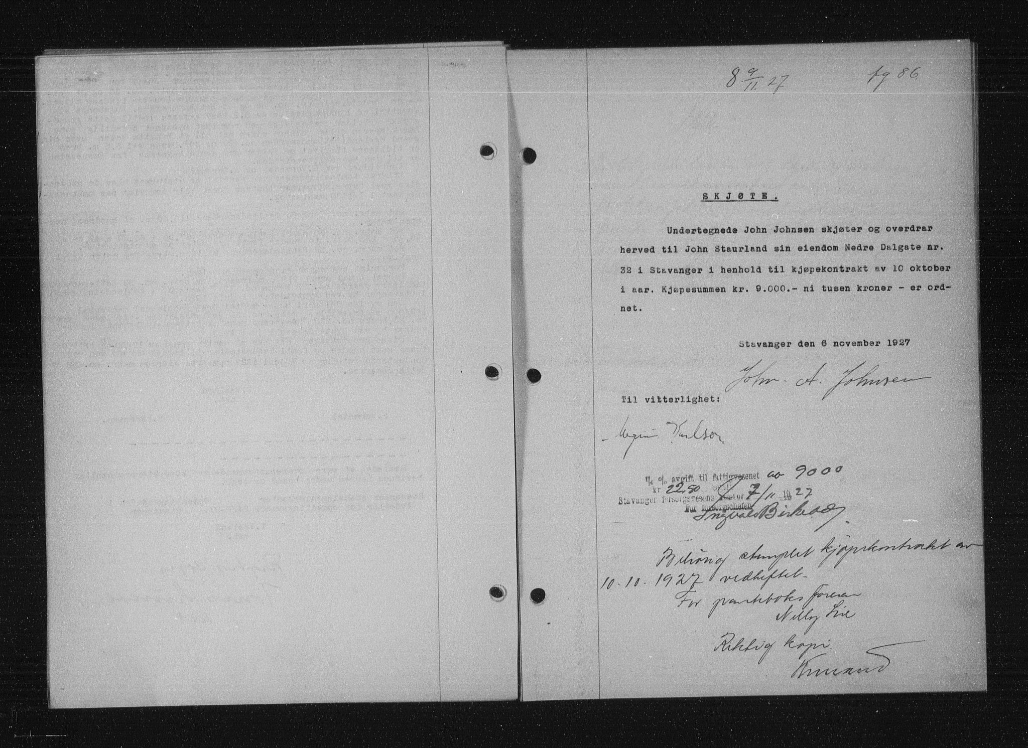 Stavanger byfogd, SAST/A-101408/001/4/41/410/410BB/L0053: Mortgage book no. 41, 1927-1928, Deed date: 09.11.1927