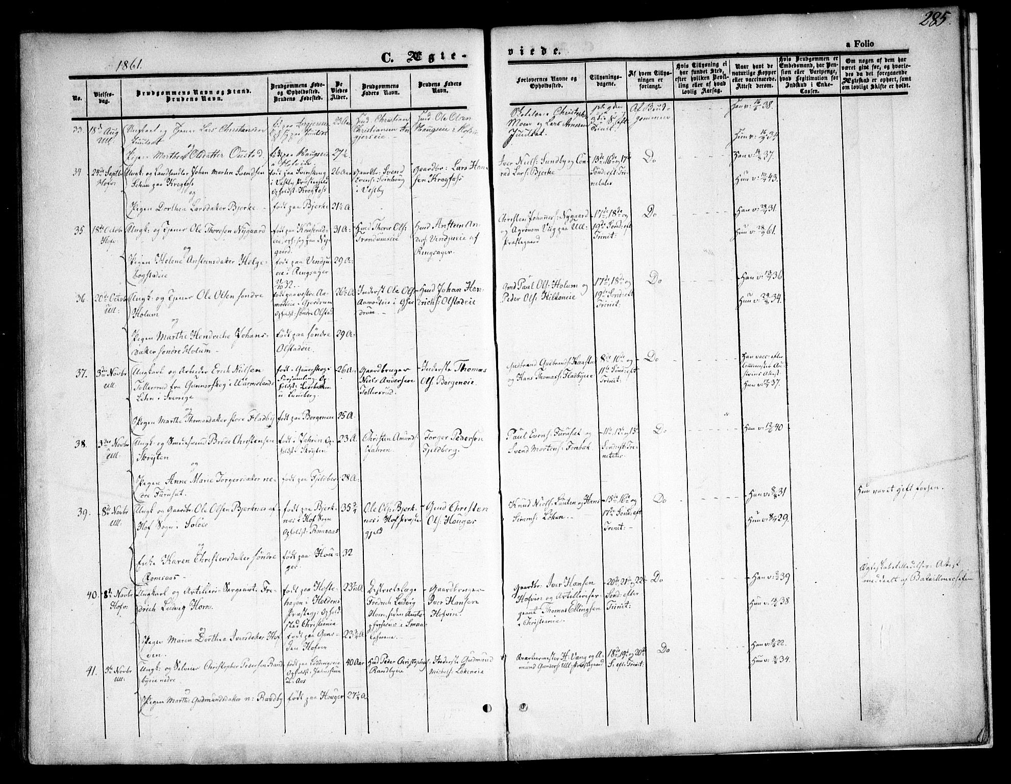 Ullensaker prestekontor Kirkebøker, SAO/A-10236a/F/Fa/L0015.a: Parish register (official) no. I 15A, 1851-1862, p. 285