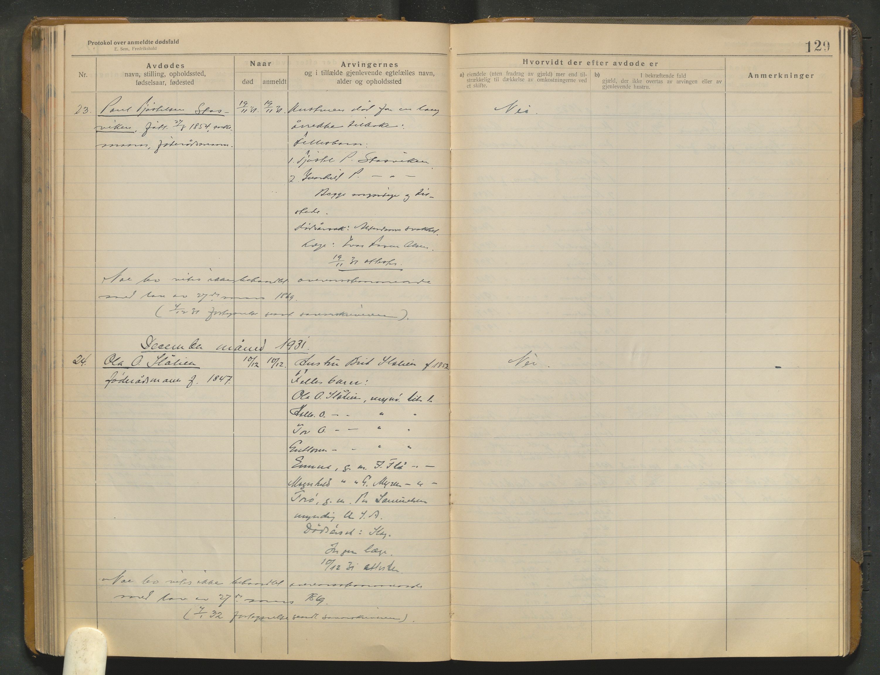 Lom lensmannskontor, SAH/PGL-006/H/Ha/Haa/L0001/0004: Dødsfallsprotokoller / Dødsfallsprotokoll, 1922-1937, p. 129