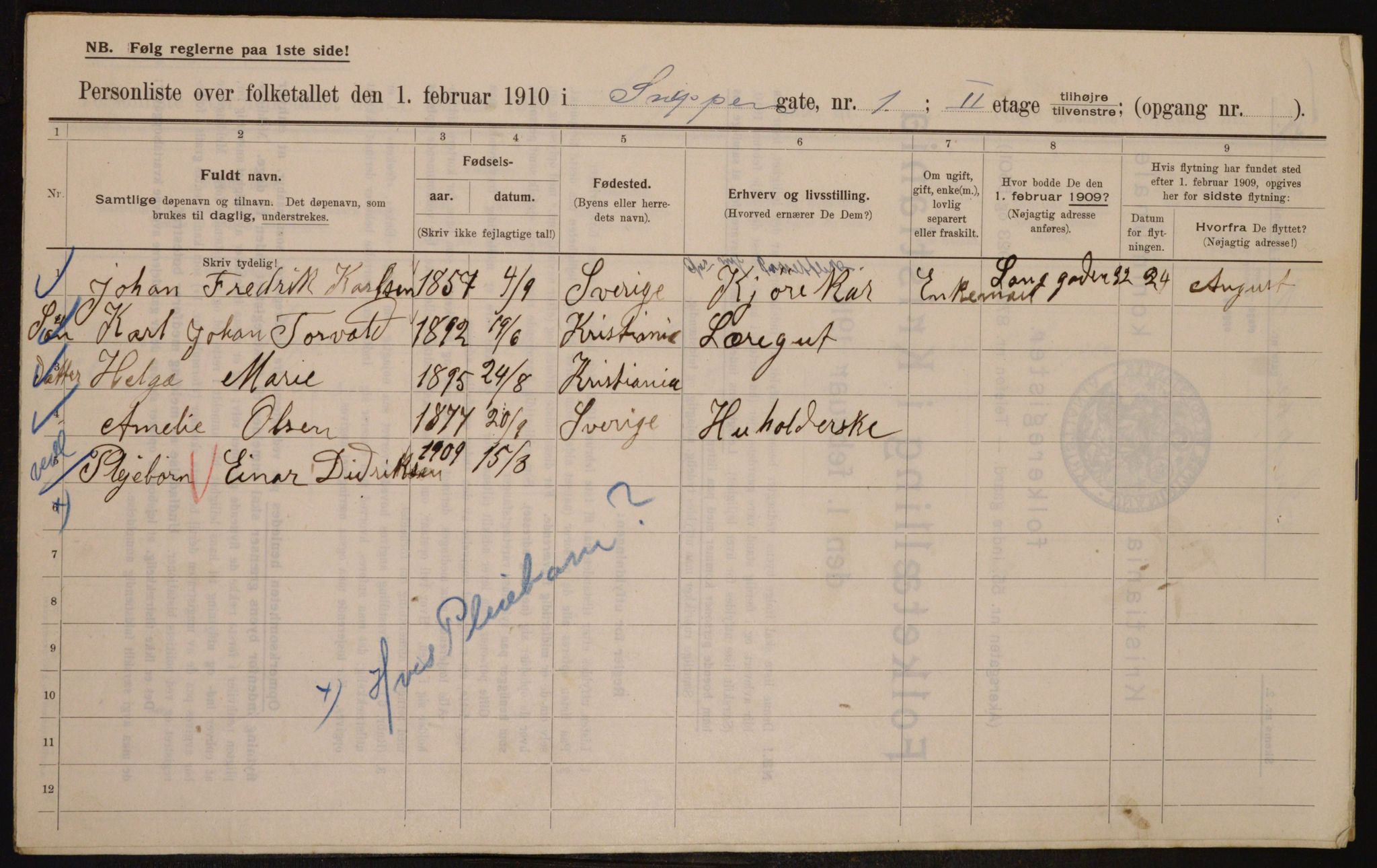 OBA, Municipal Census 1910 for Kristiania, 1910, p. 93384