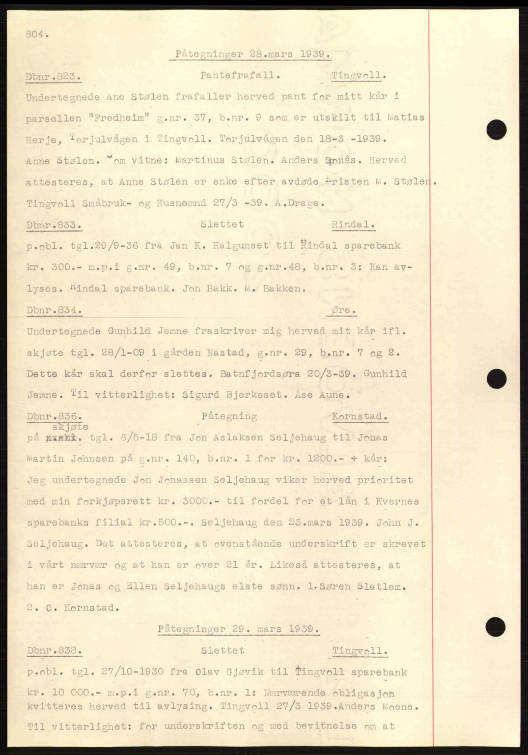 Nordmøre sorenskriveri, AV/SAT-A-4132/1/2/2Ca: Mortgage book no. C80, 1936-1939, Diary no: : 823/1939