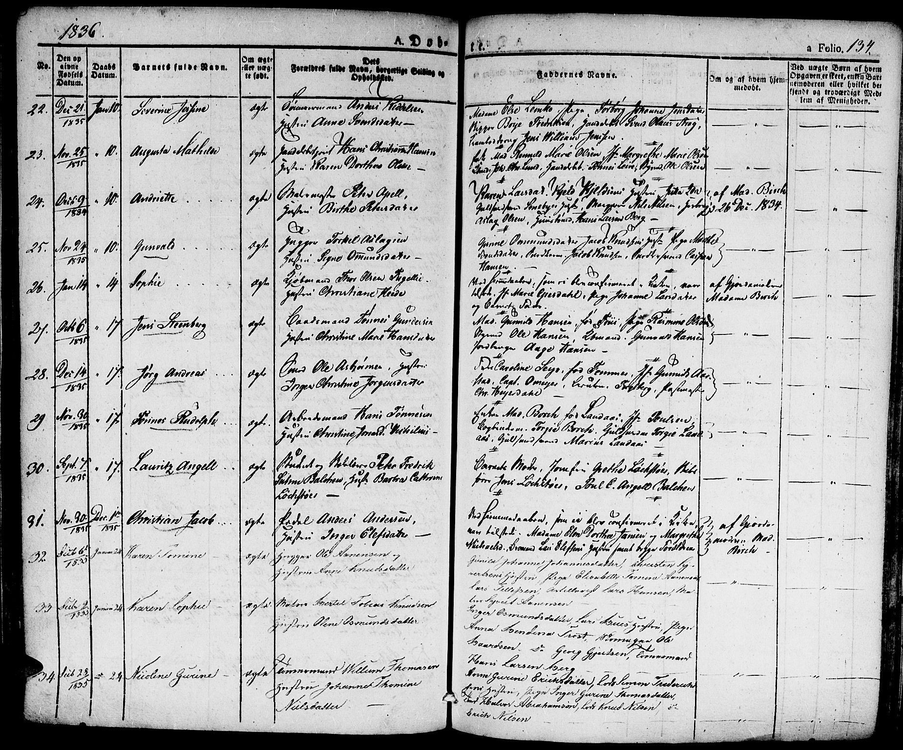 Kristiansand domprosti, SAK/1112-0006/F/Fa/L0011: Parish register (official) no. A 11, 1827-1841, p. 134