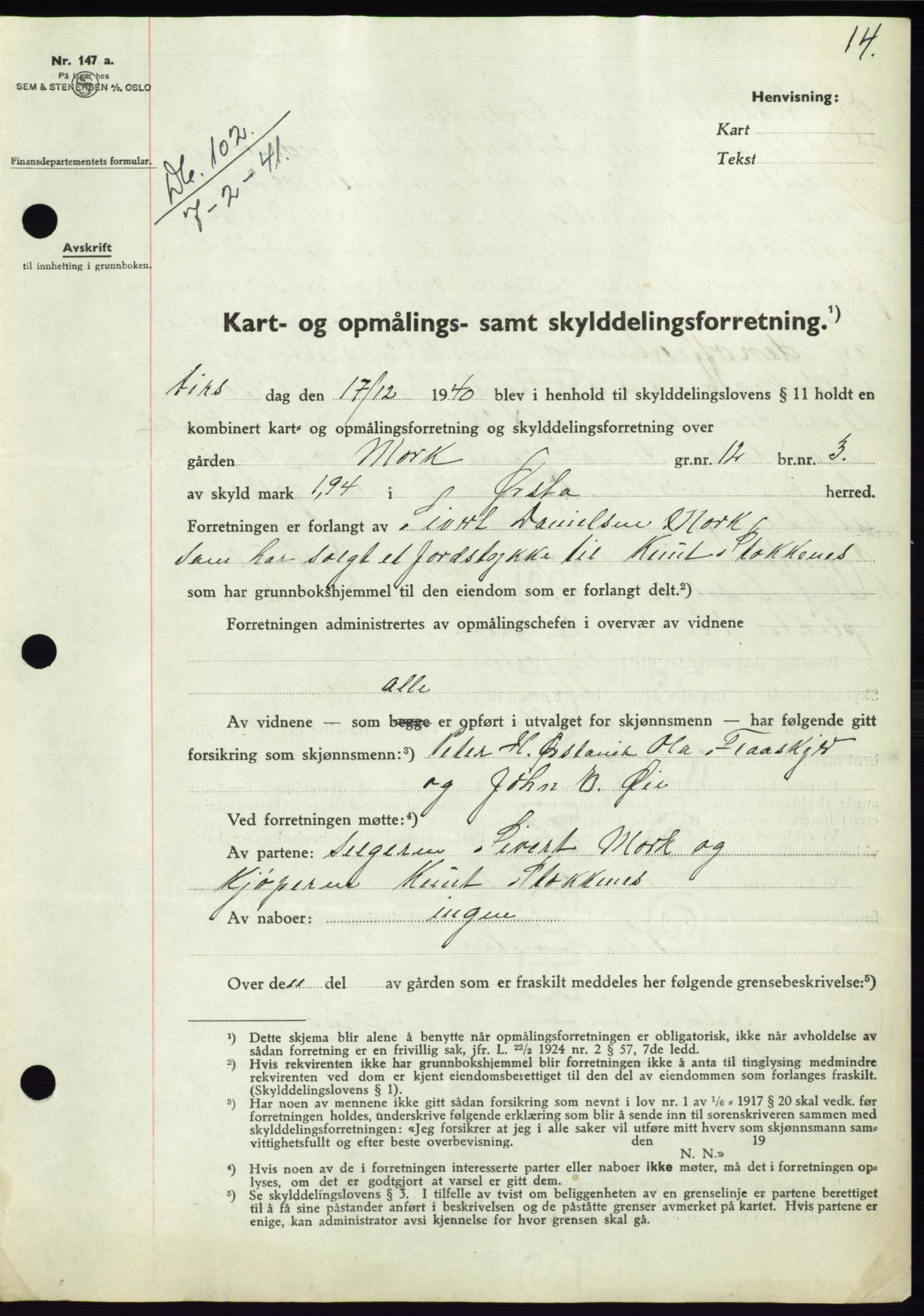 Søre Sunnmøre sorenskriveri, AV/SAT-A-4122/1/2/2C/L0071: Mortgage book no. 65, 1941-1941, Diary no: : 102/1941