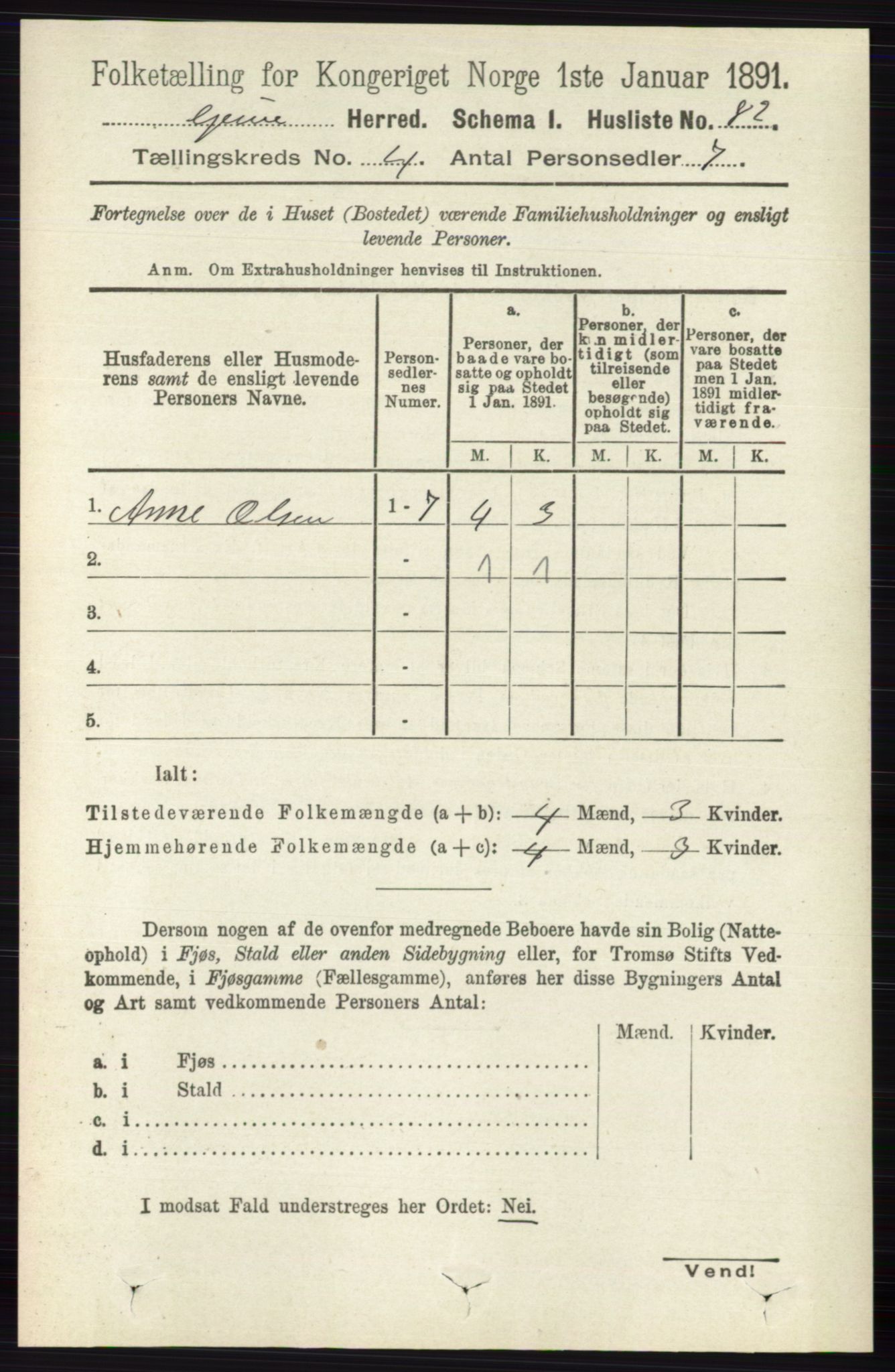 RA, 1891 census for 0423 Grue, 1891, p. 2095