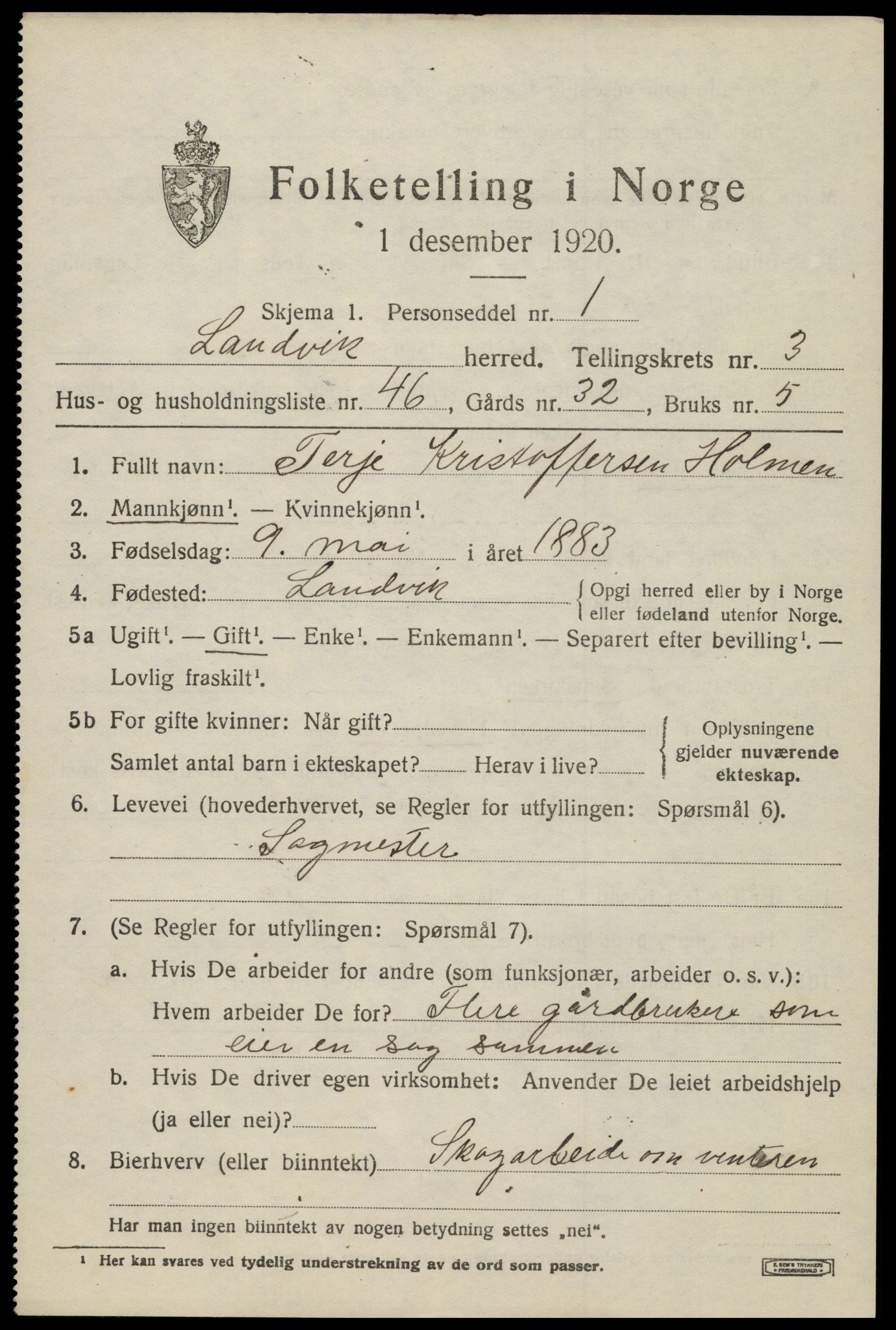 SAK, 1920 census for Landvik, 1920, p. 3338