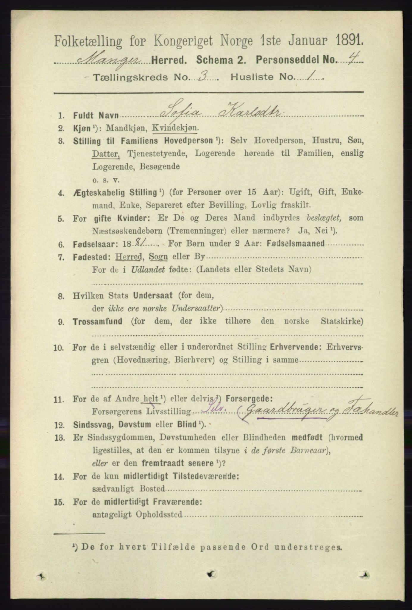 RA, 1891 census for 1261 Manger, 1891, p. 1411