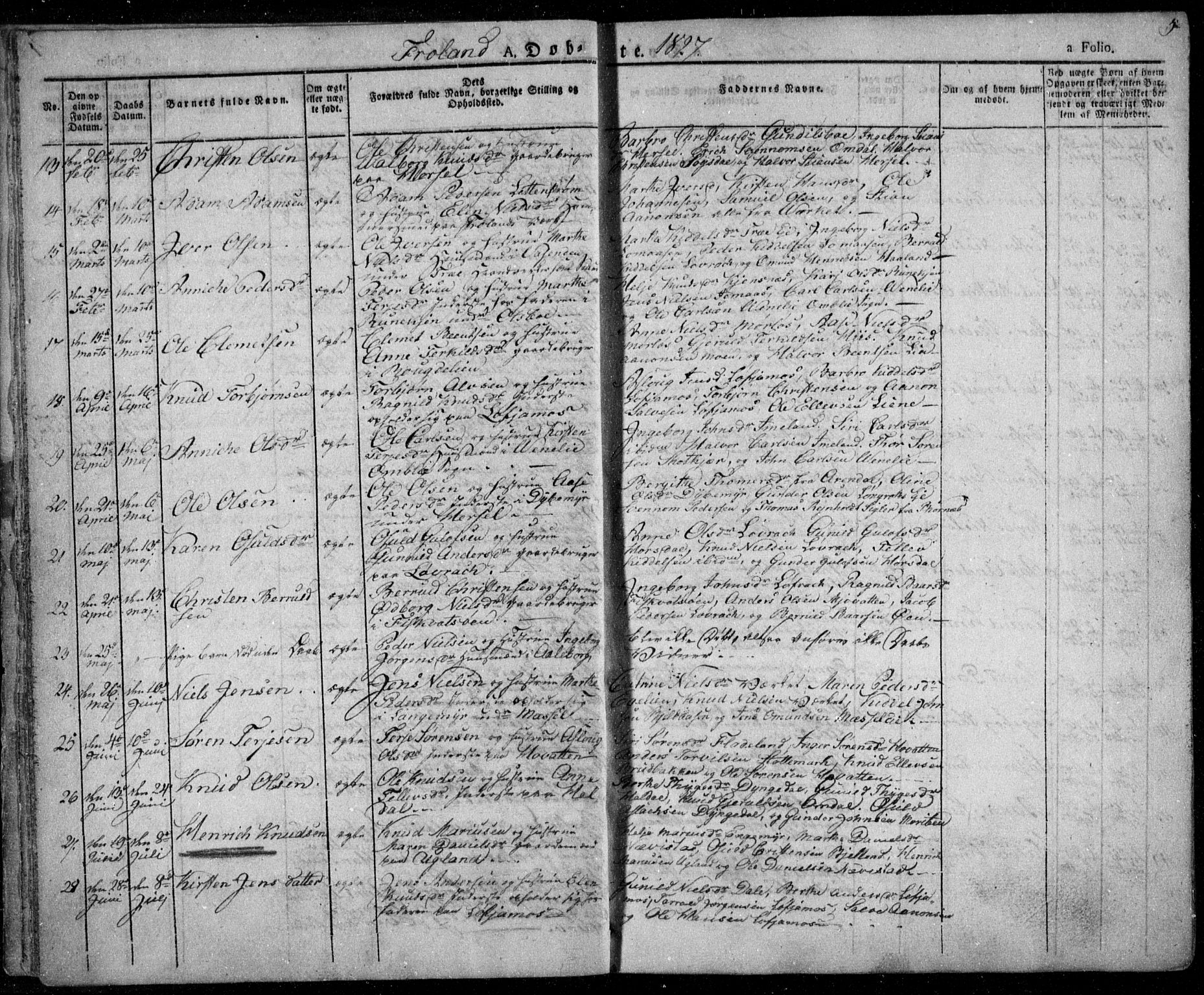 Froland sokneprestkontor, AV/SAK-1111-0013/F/Fa/L0001: Parish register (official) no. A 1, 1827-1844, p. 5