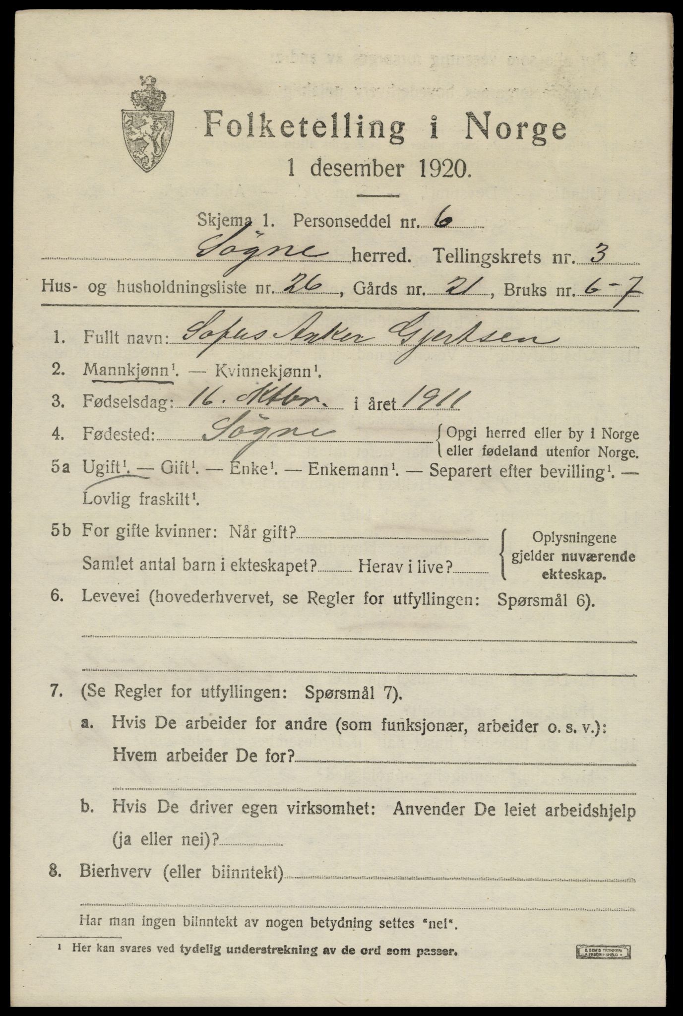 SAK, 1920 census for Søgne, 1920, p. 1861