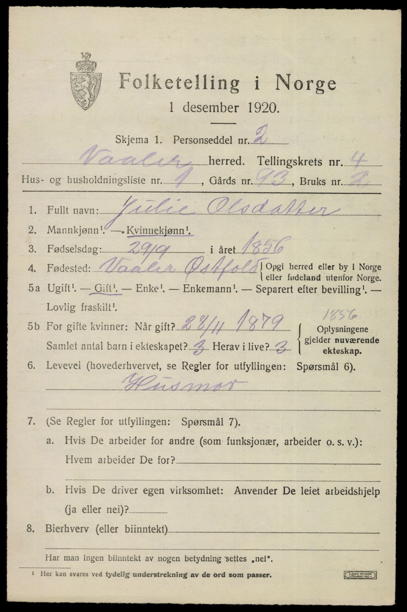 SAO, 1920 census for Våler, 1920, p. 2522