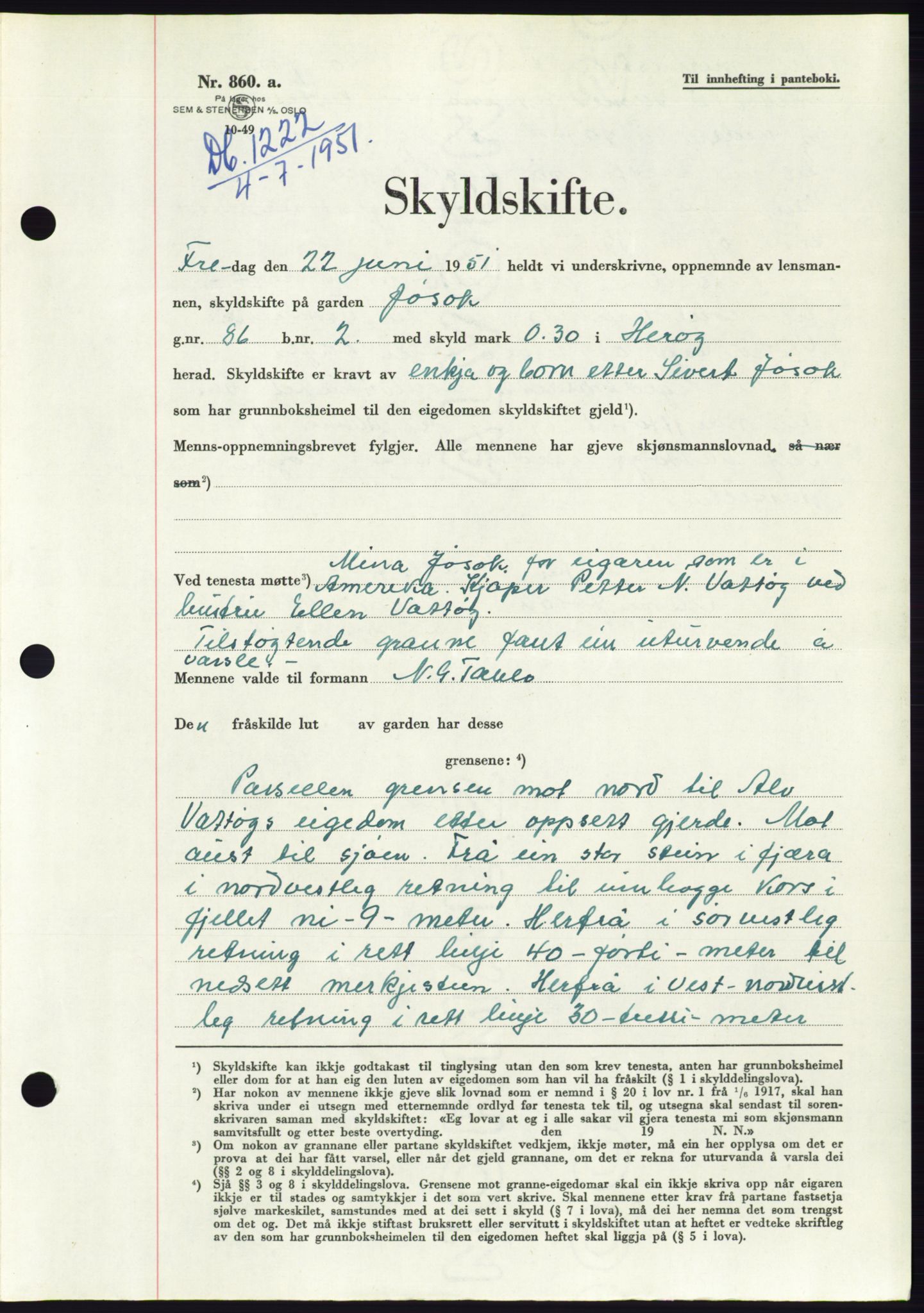 Søre Sunnmøre sorenskriveri, AV/SAT-A-4122/1/2/2C/L0089: Mortgage book no. 15A, 1951-1951, Diary no: : 1222/1951