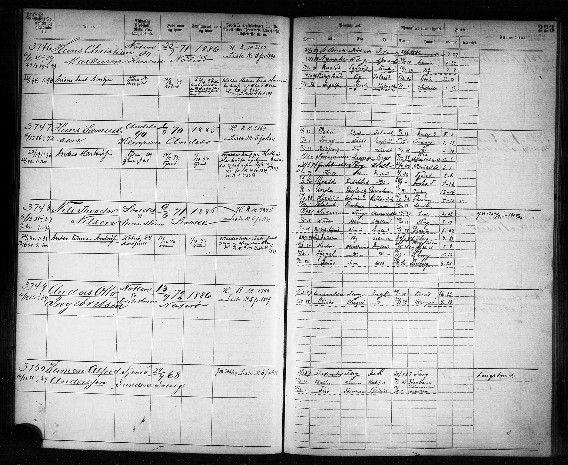 Tønsberg innrulleringskontor, AV/SAKO-A-786/F/Fb/L0007: Annotasjonsrulle Patent nr. 2636-5150, 1881-1892, p. 224