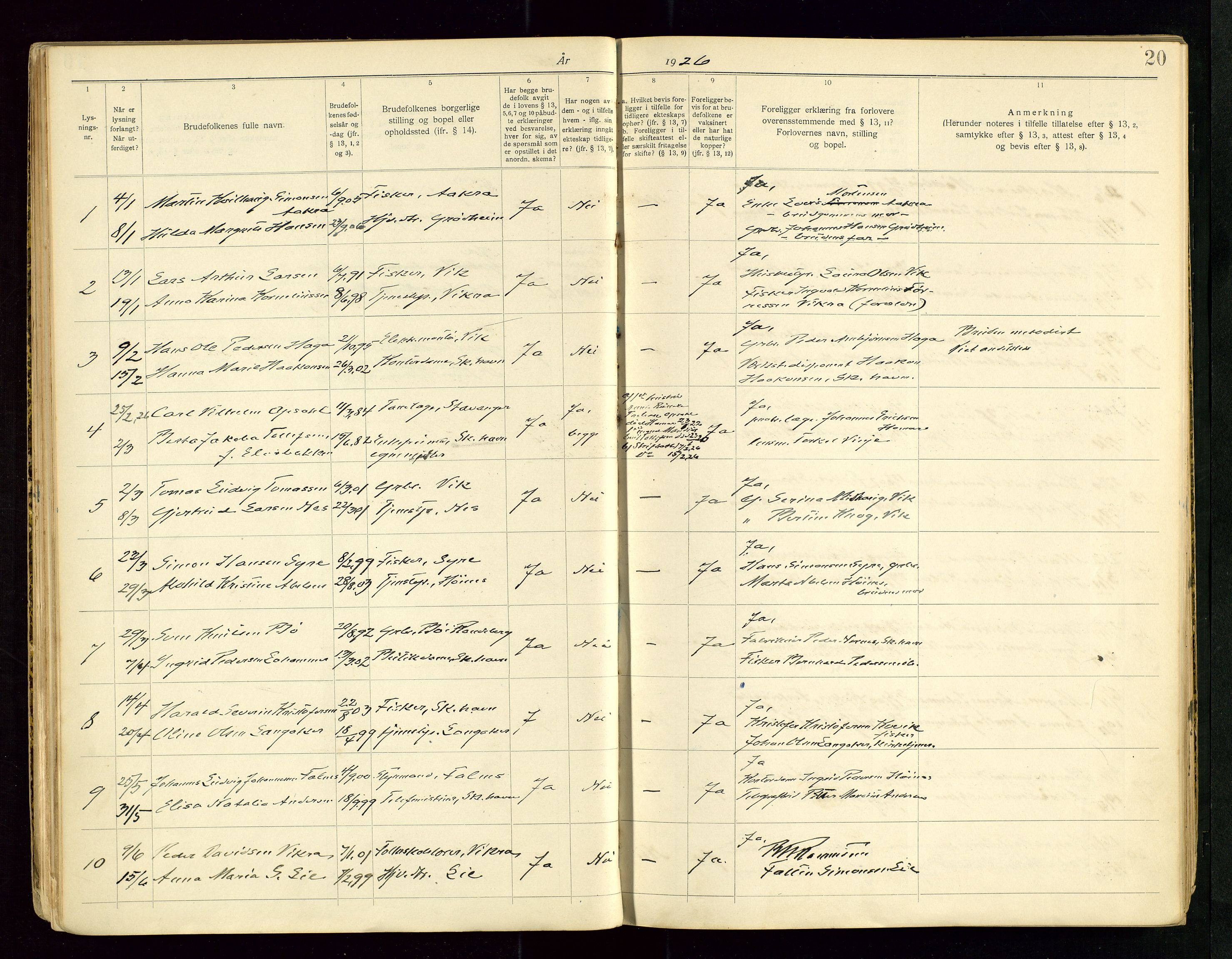 Skudenes sokneprestkontor, AV/SAST-A -101849/I/Ie/L0001: Banns register no. 1, 1919-1956, p. 20