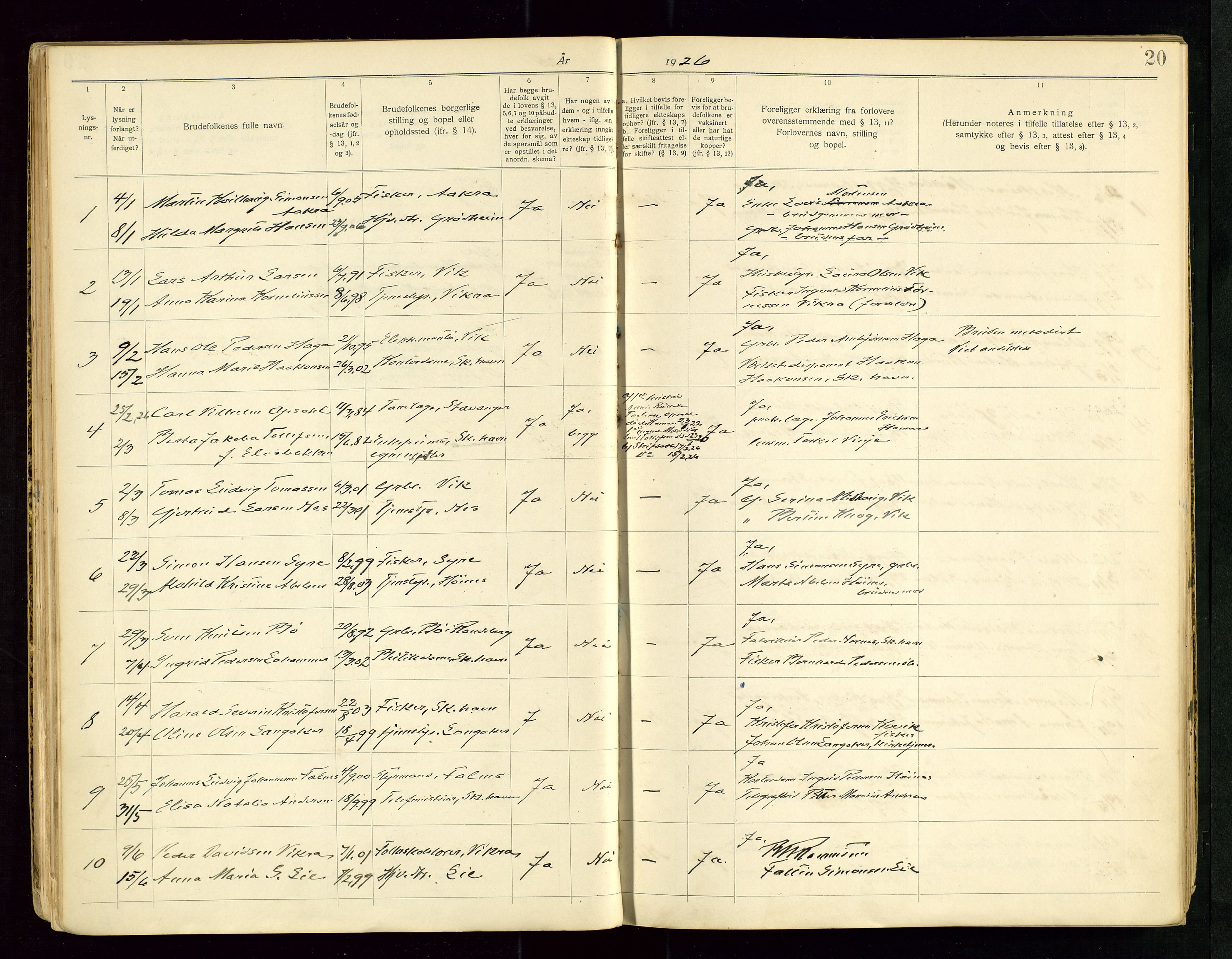 Skudenes sokneprestkontor, SAST/A -101849/I/Ie/L0001: Banns register no. 1, 1919-1956, p. 20