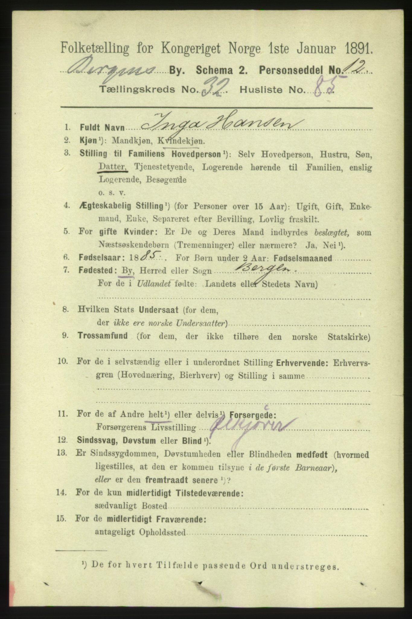 RA, 1891 Census for 1301 Bergen, 1891, p. 40912