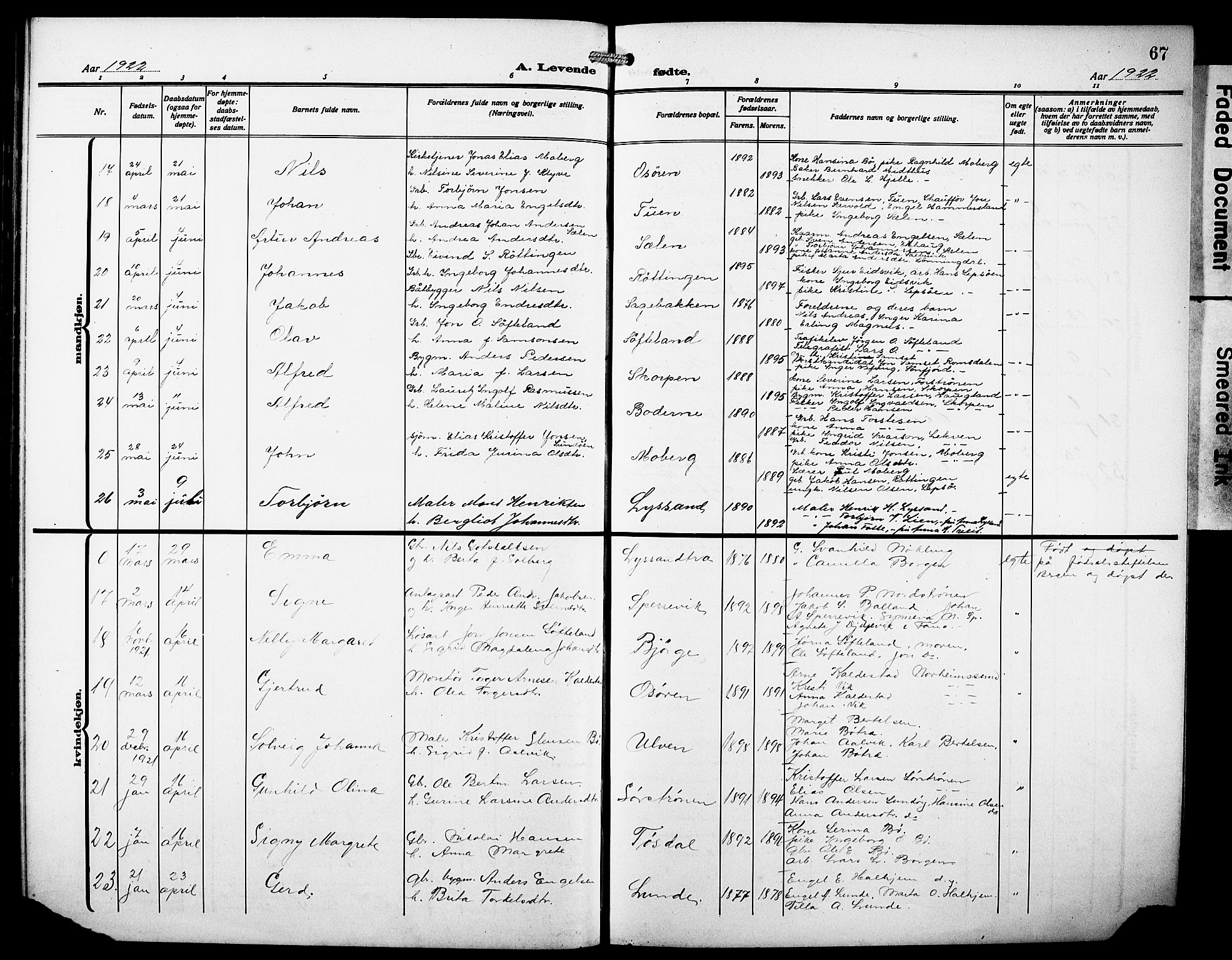 Os sokneprestembete, AV/SAB-A-99929: Parish register (copy) no. A 4, 1914-1923, p. 67