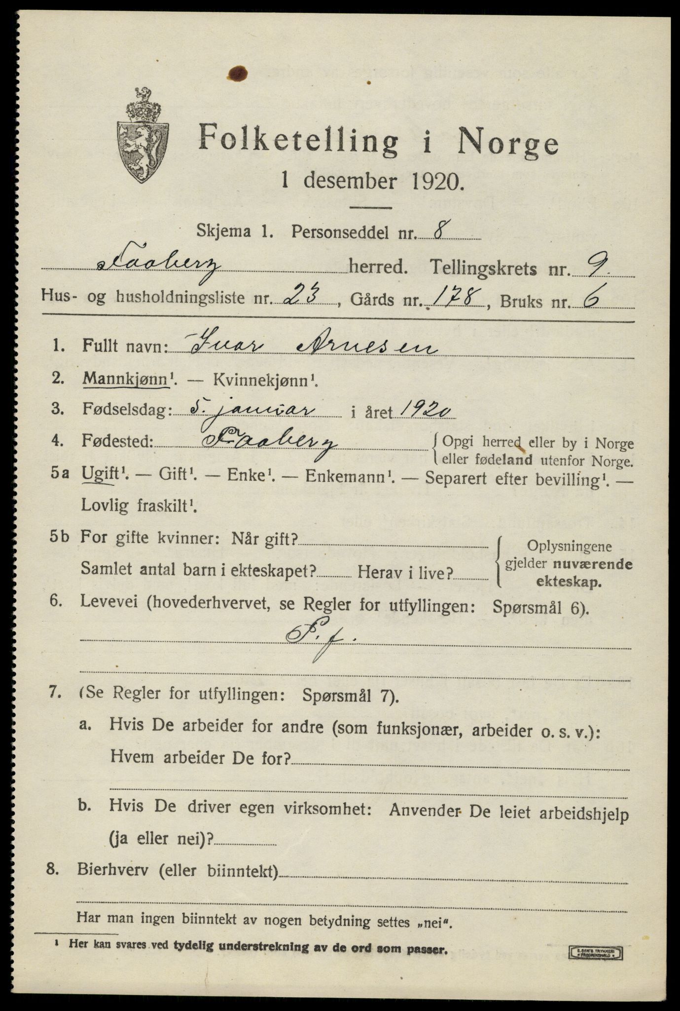 SAH, 1920 census for Fåberg, 1920, p. 10330