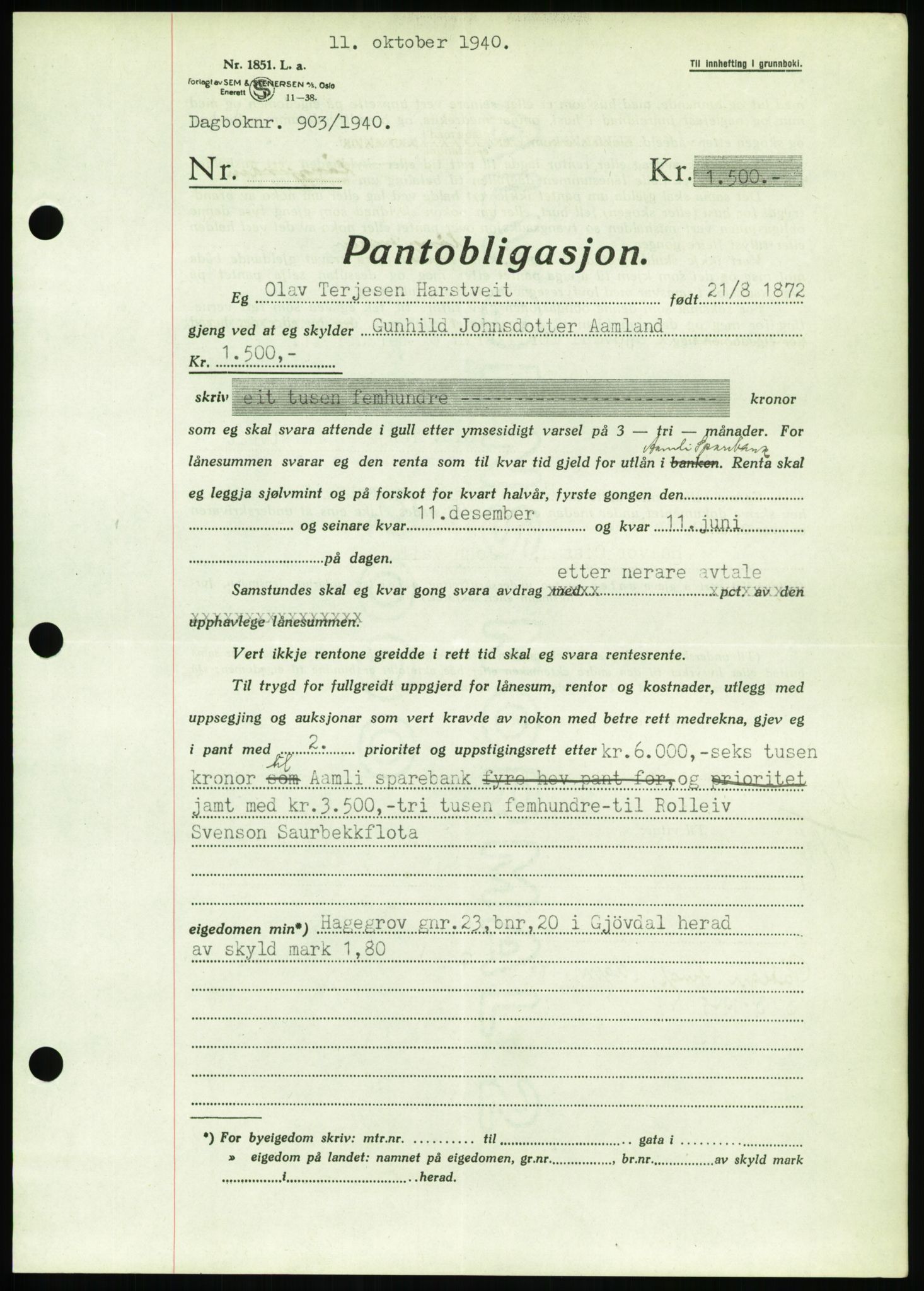 Nedenes sorenskriveri, AV/SAK-1221-0006/G/Gb/Gbb/L0001: Mortgage book no. I, 1939-1942, Diary no: : 903/1940