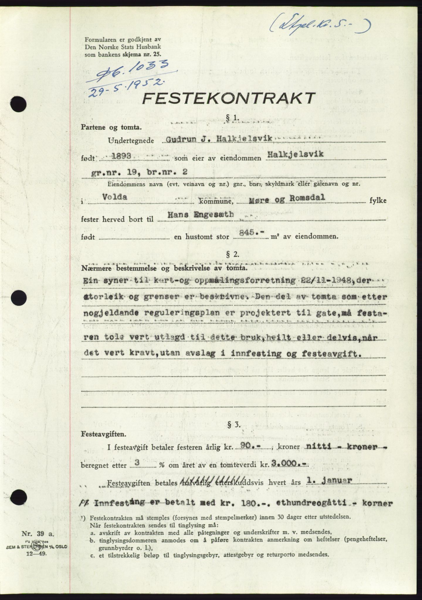 Søre Sunnmøre sorenskriveri, AV/SAT-A-4122/1/2/2C/L0092: Mortgage book no. 18A, 1952-1952, Diary no: : 1033/1952